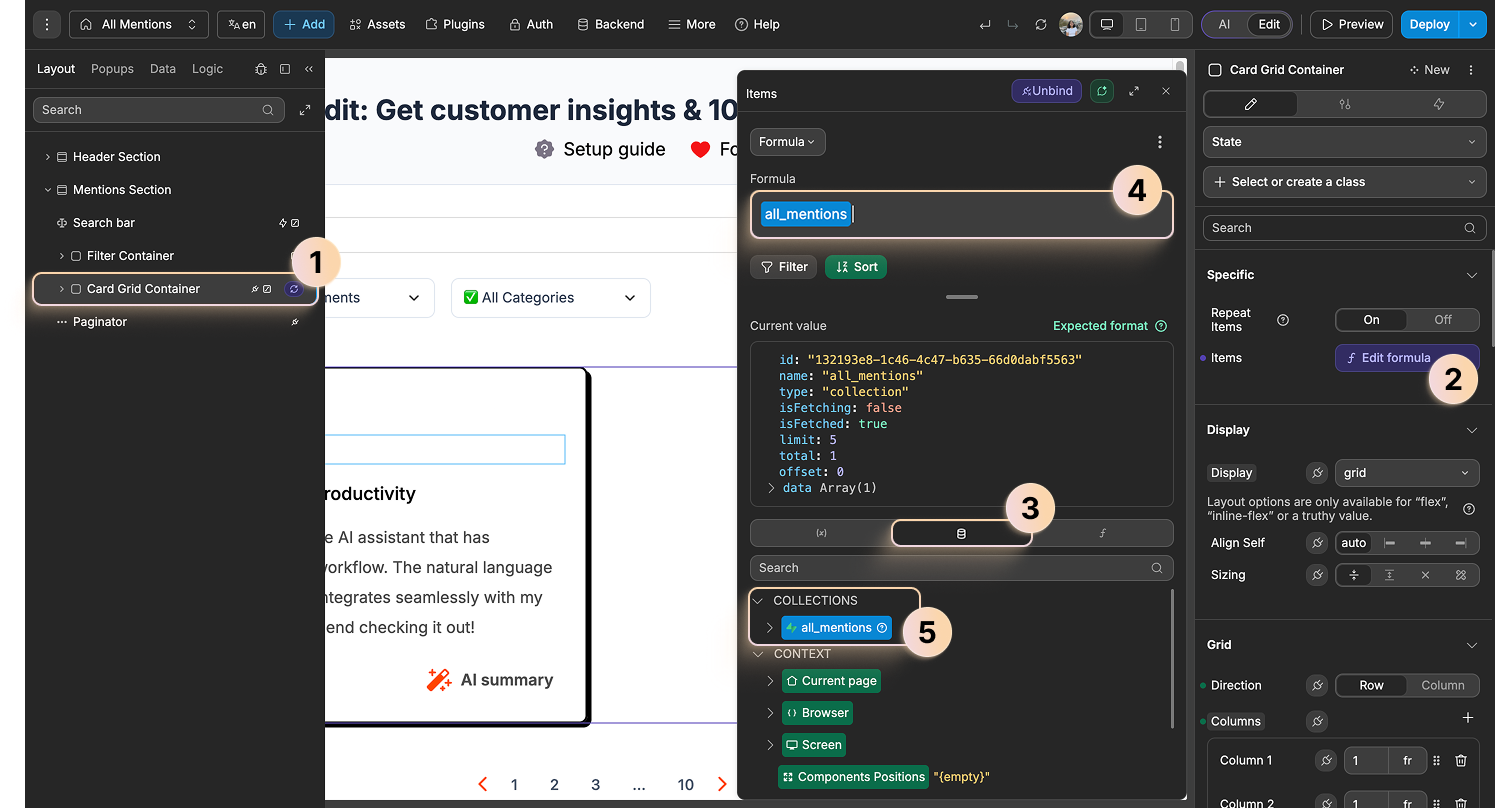 Binding collections data in WeWeb