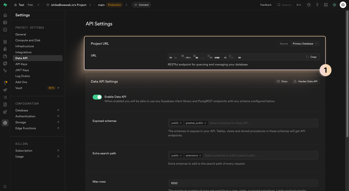 Supabase API settings