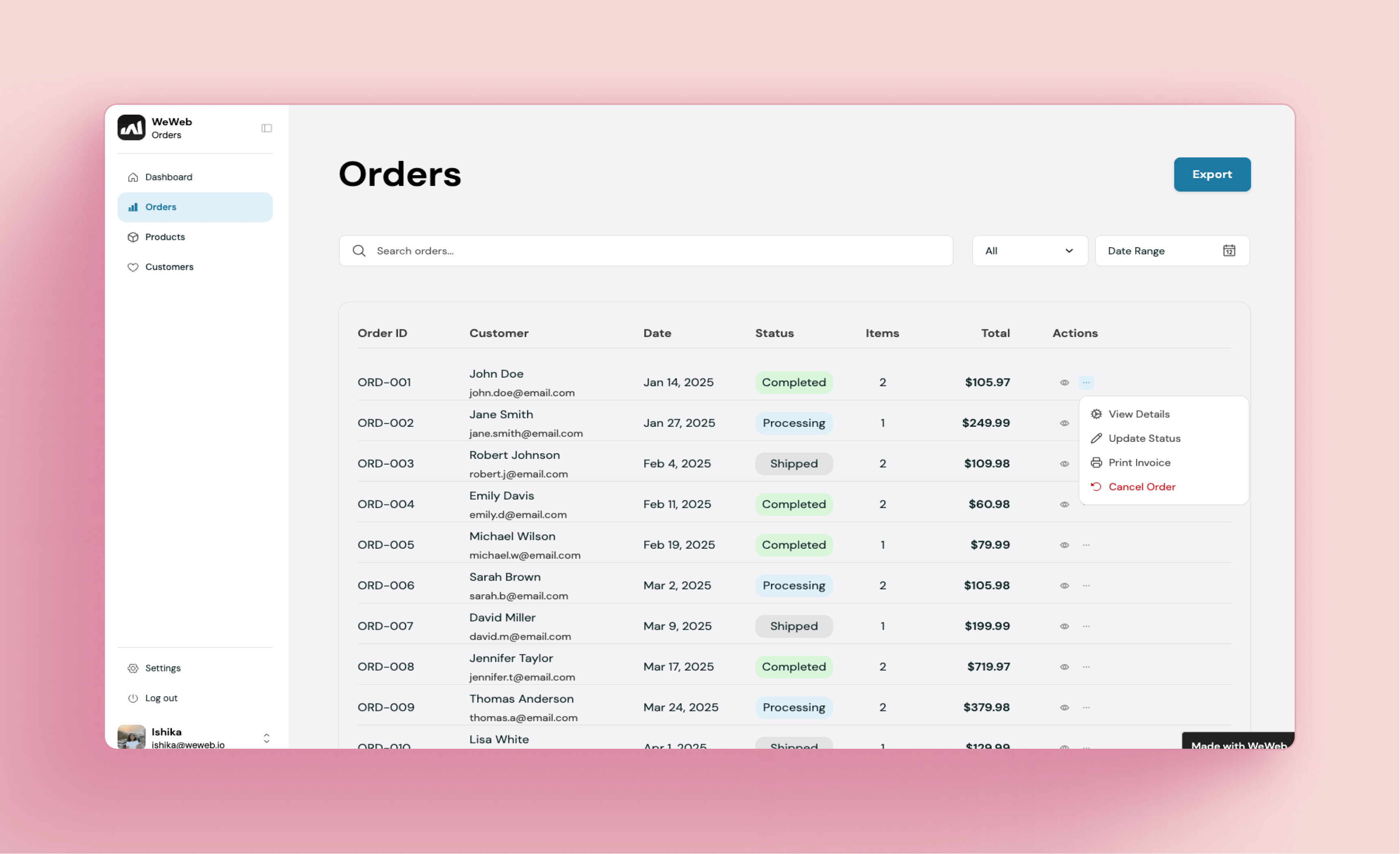Track orders, manage customers, and streamline fulfillment with WeWeb's plug-and-play Order Management Software template.