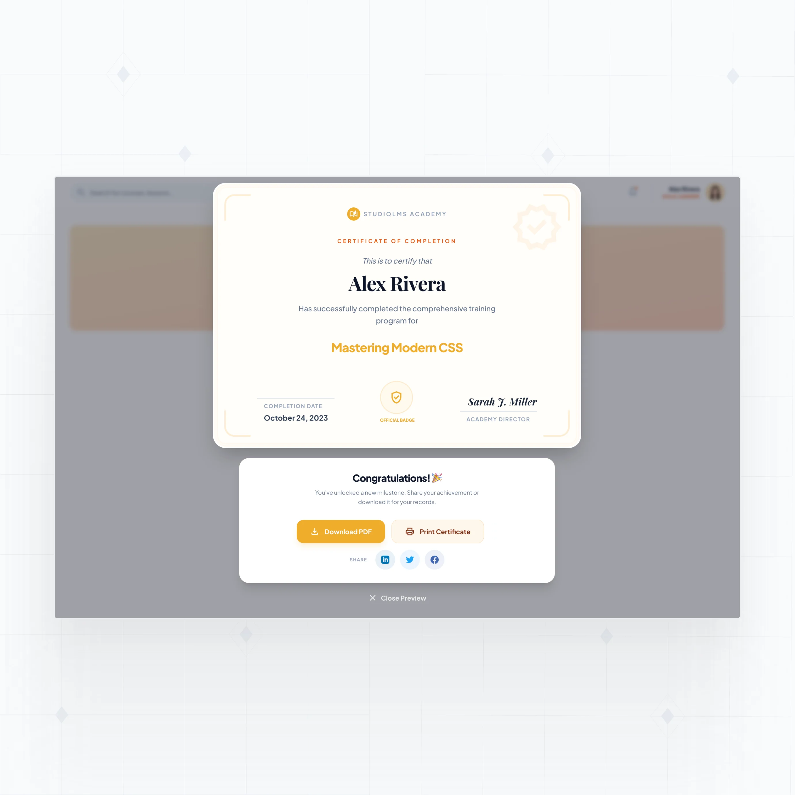 Certificate generation on completion