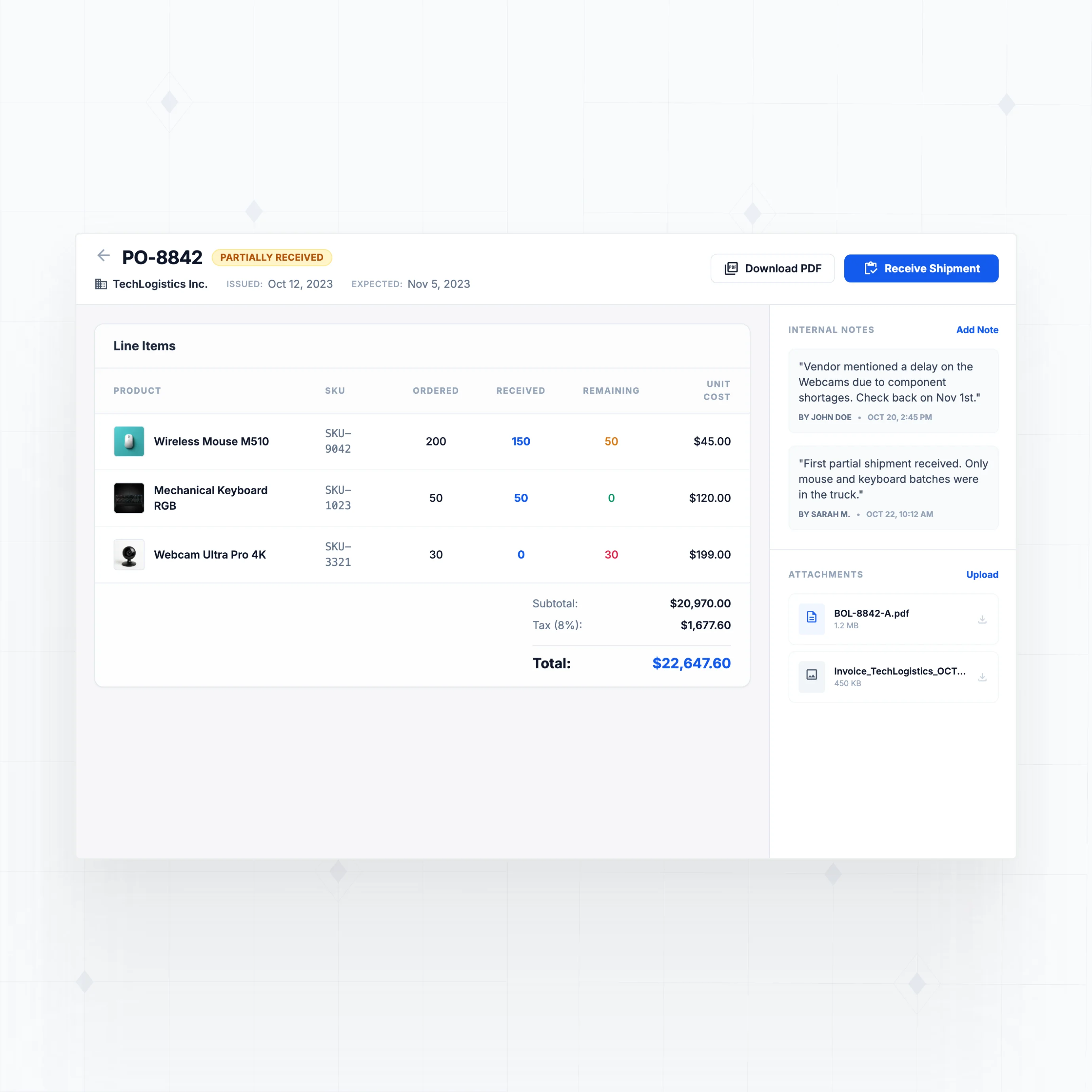Receiving and purchase orders