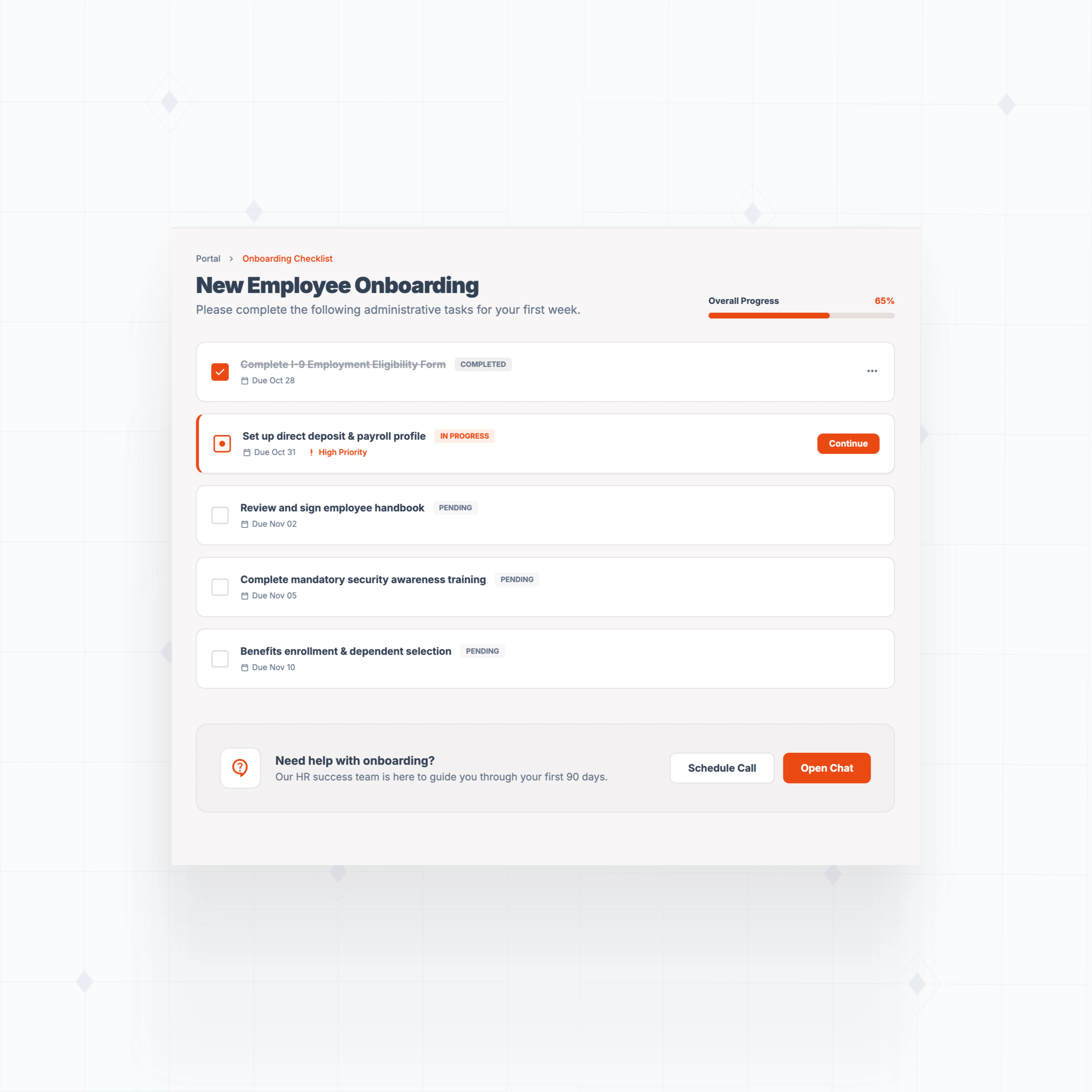 Onboarding task checklists