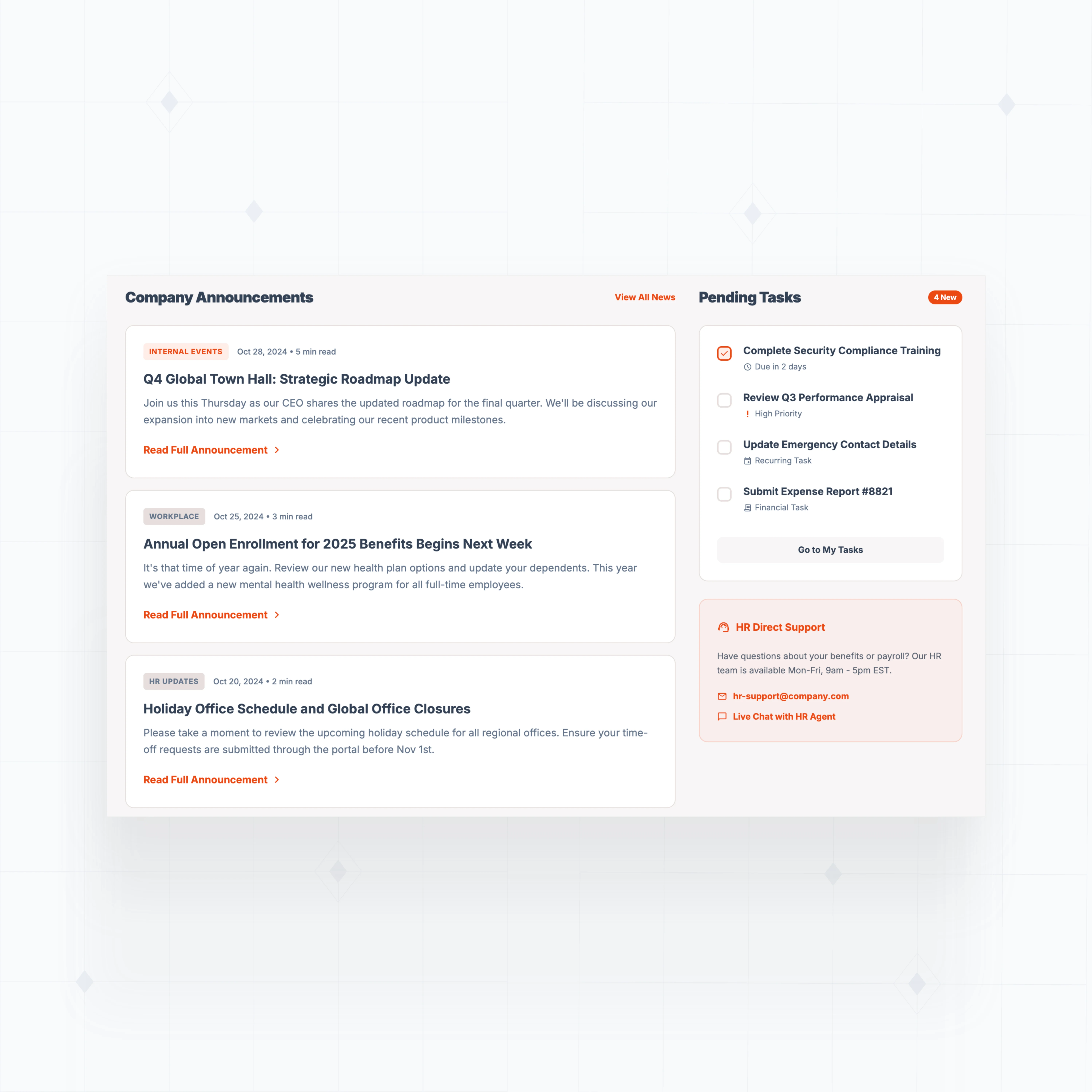 Internal announcements and news feed