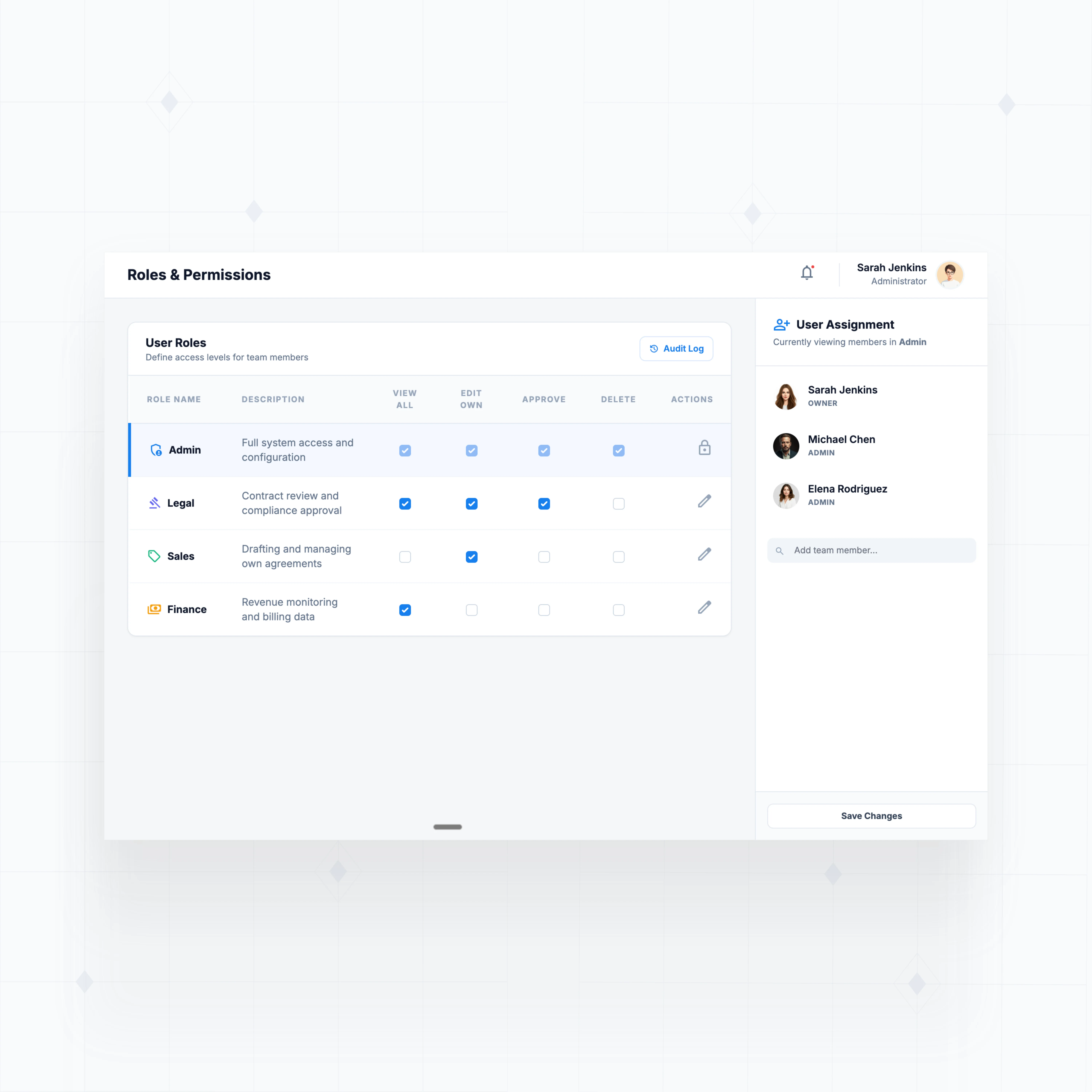 Role-based access for sales, legal, and finance