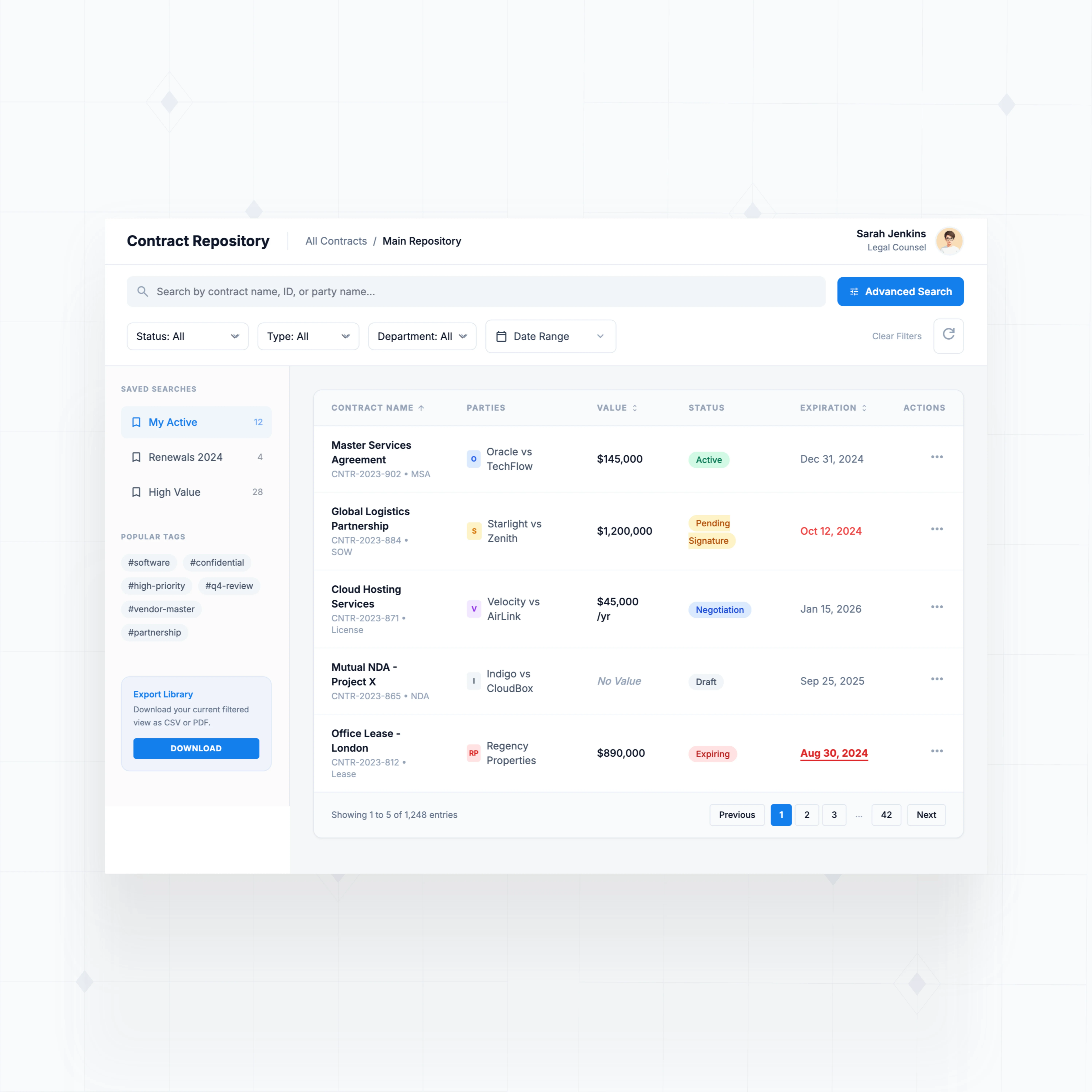 Centralized contract repository with smart search