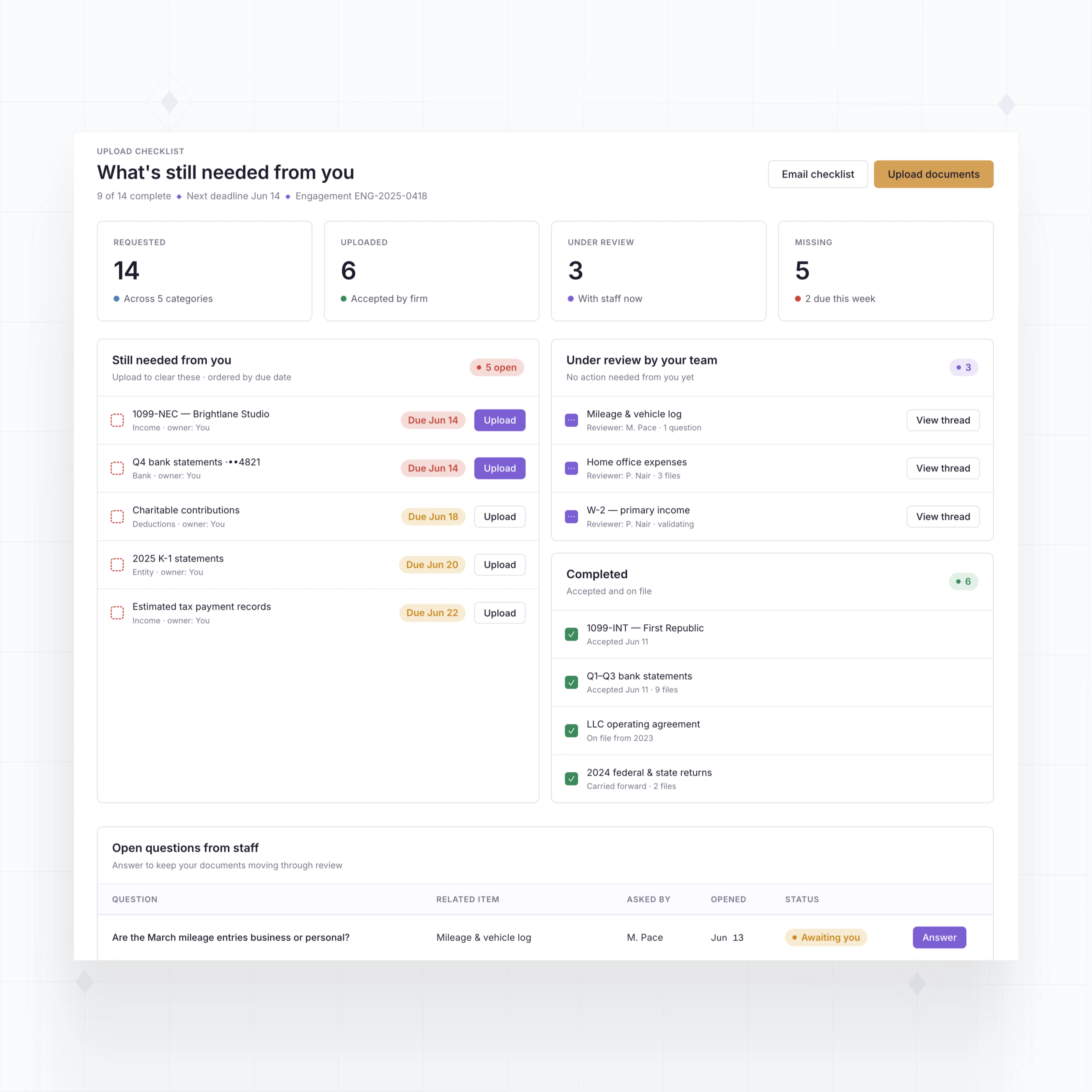 Client upload checklists