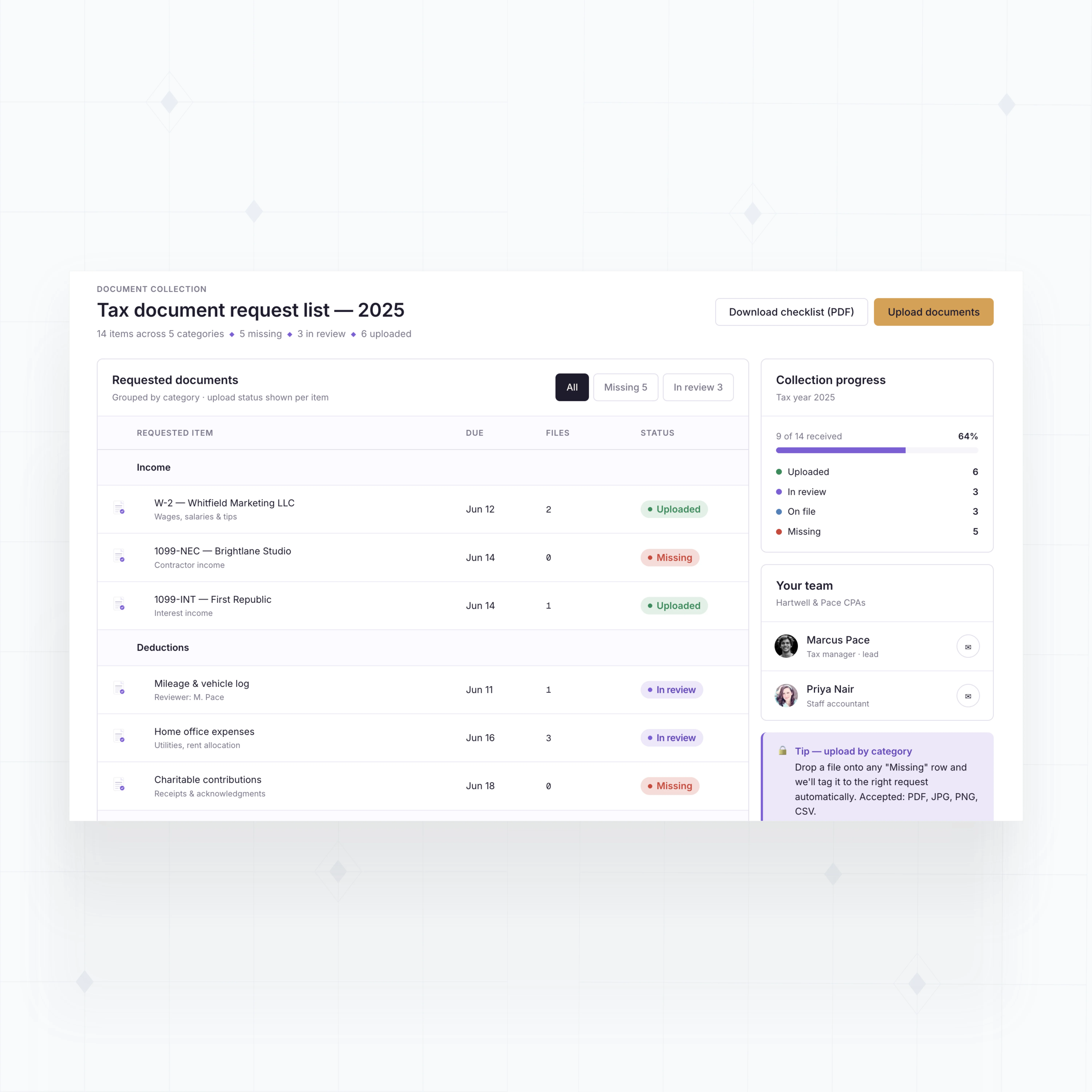 Tax document request lists