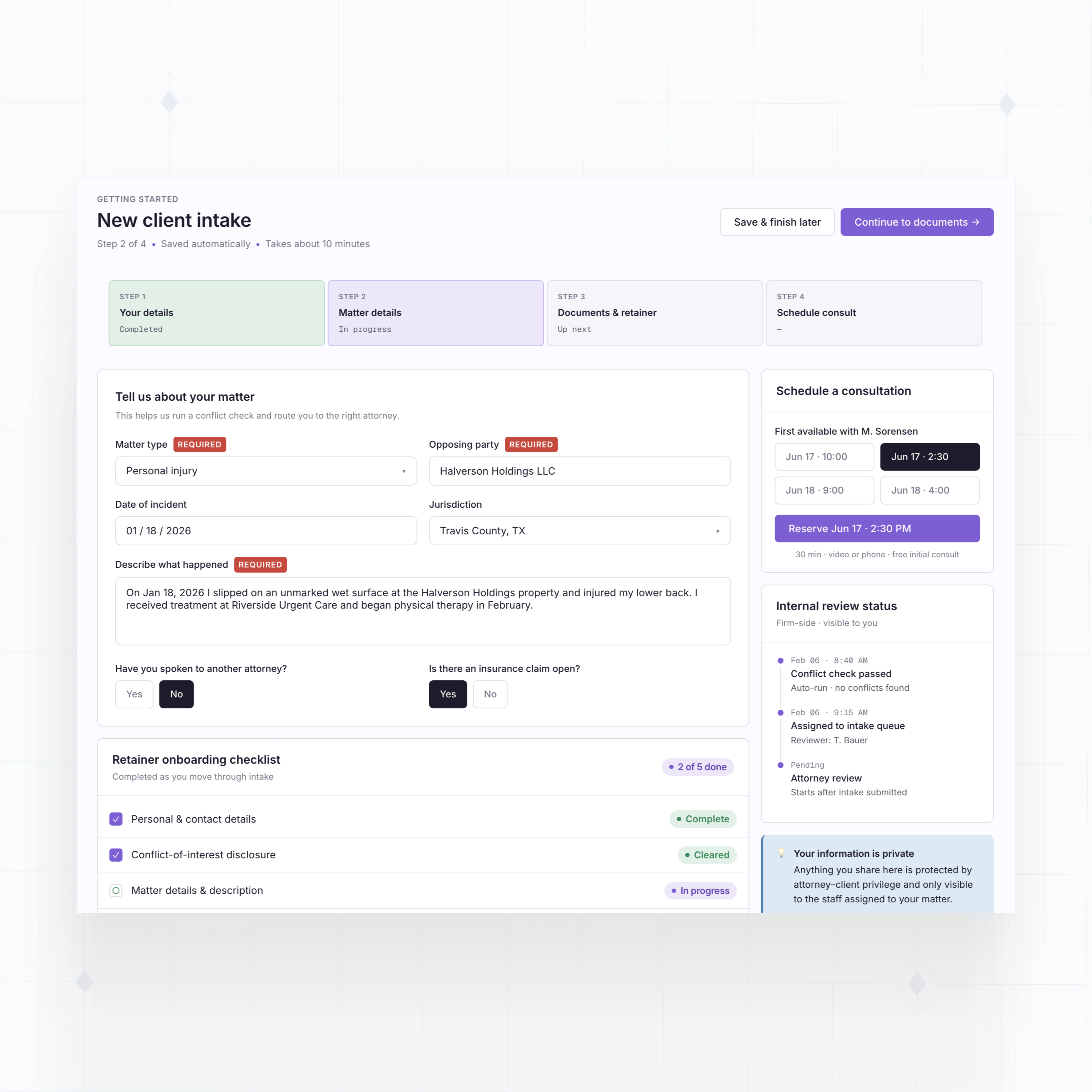 Intake and retainer workflows