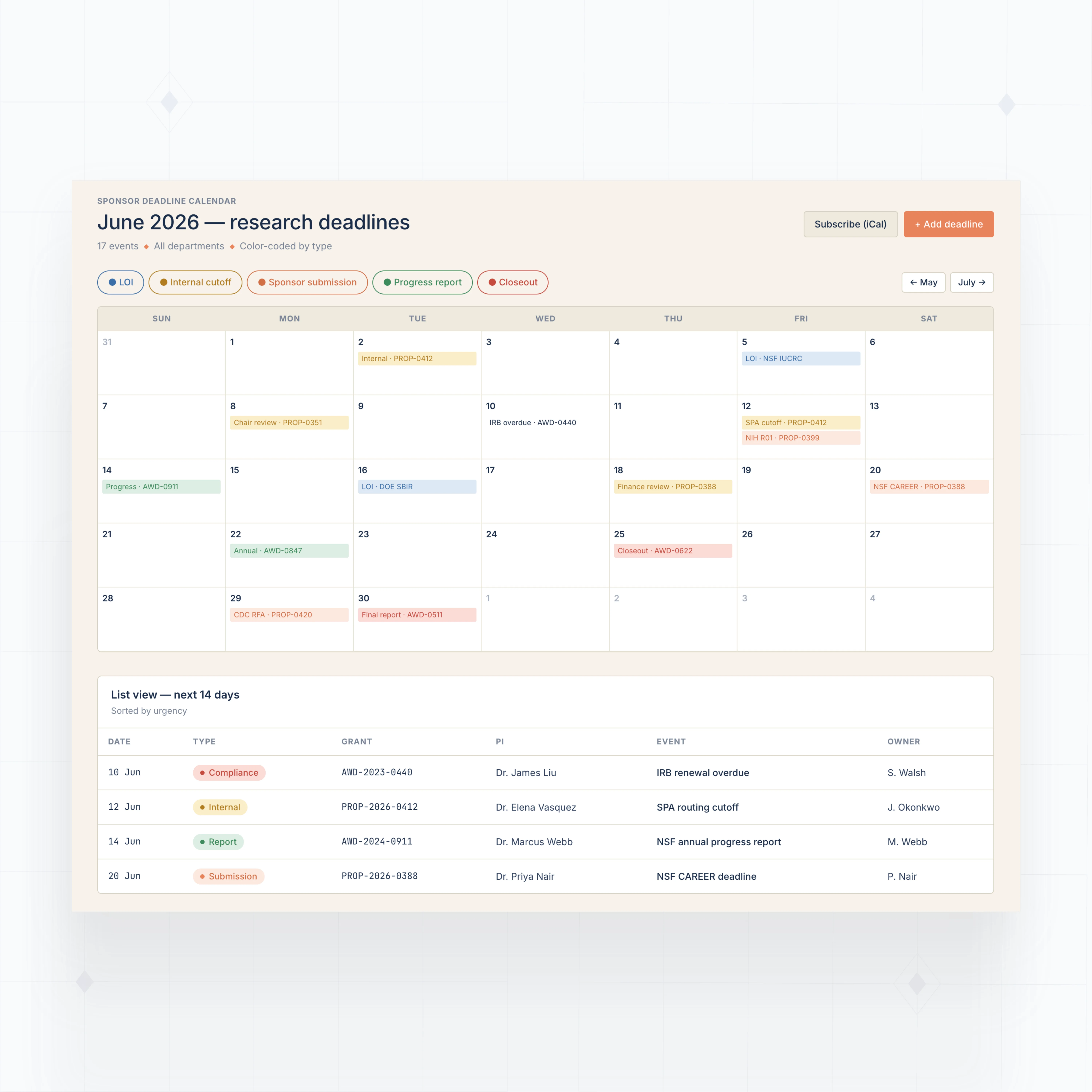 Sponsor Deadline Calendar