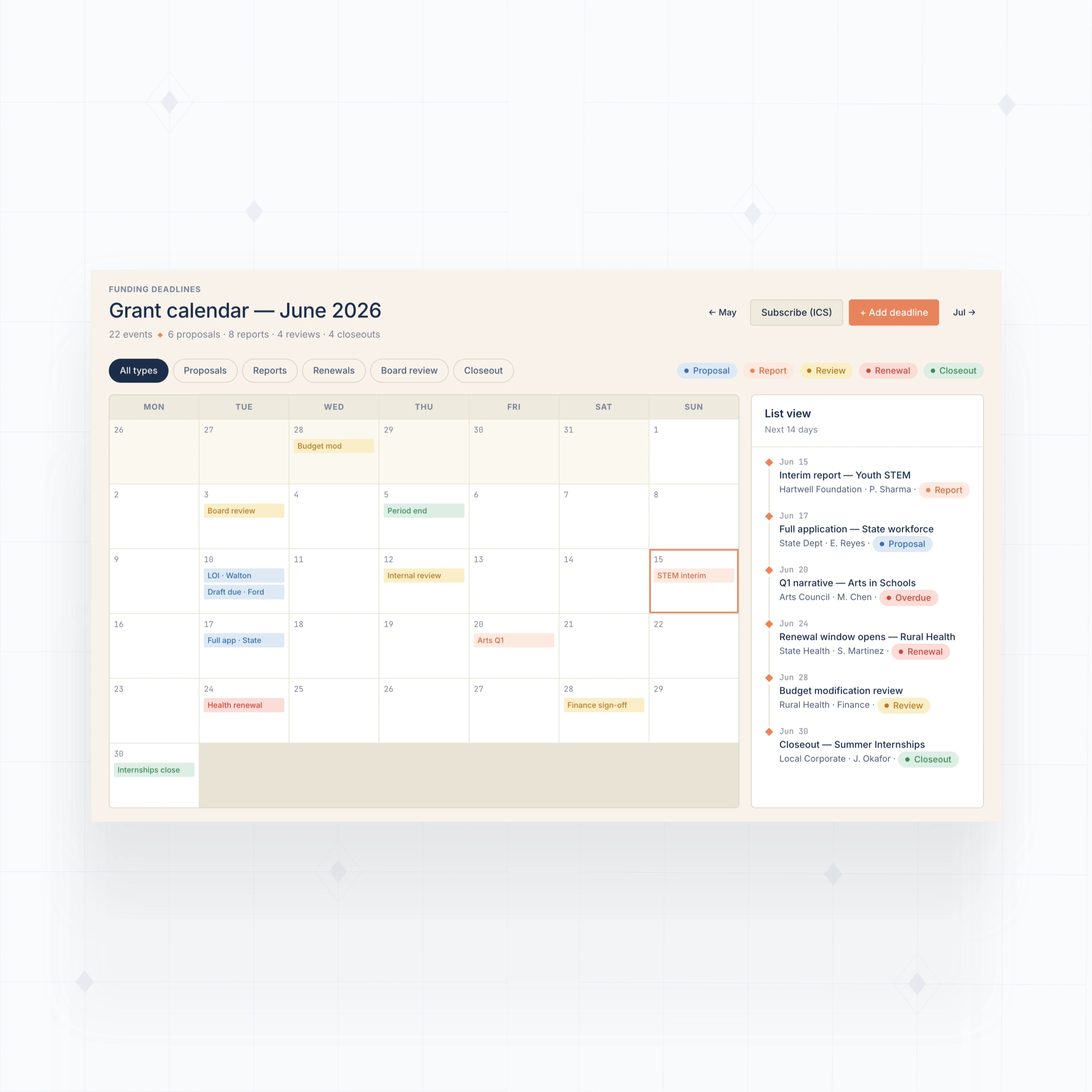 Funding deadline calendar