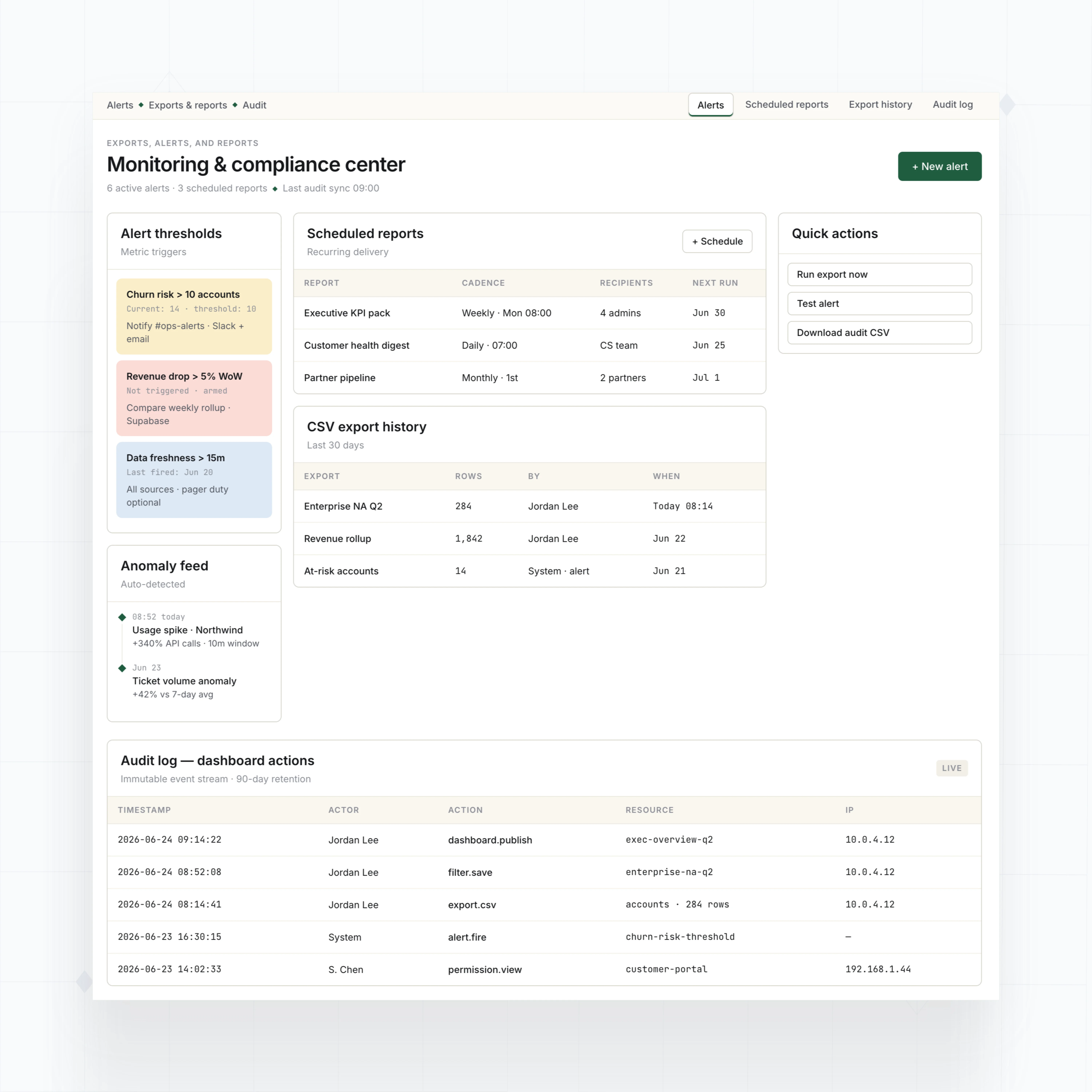 Exports, alerts, and reports