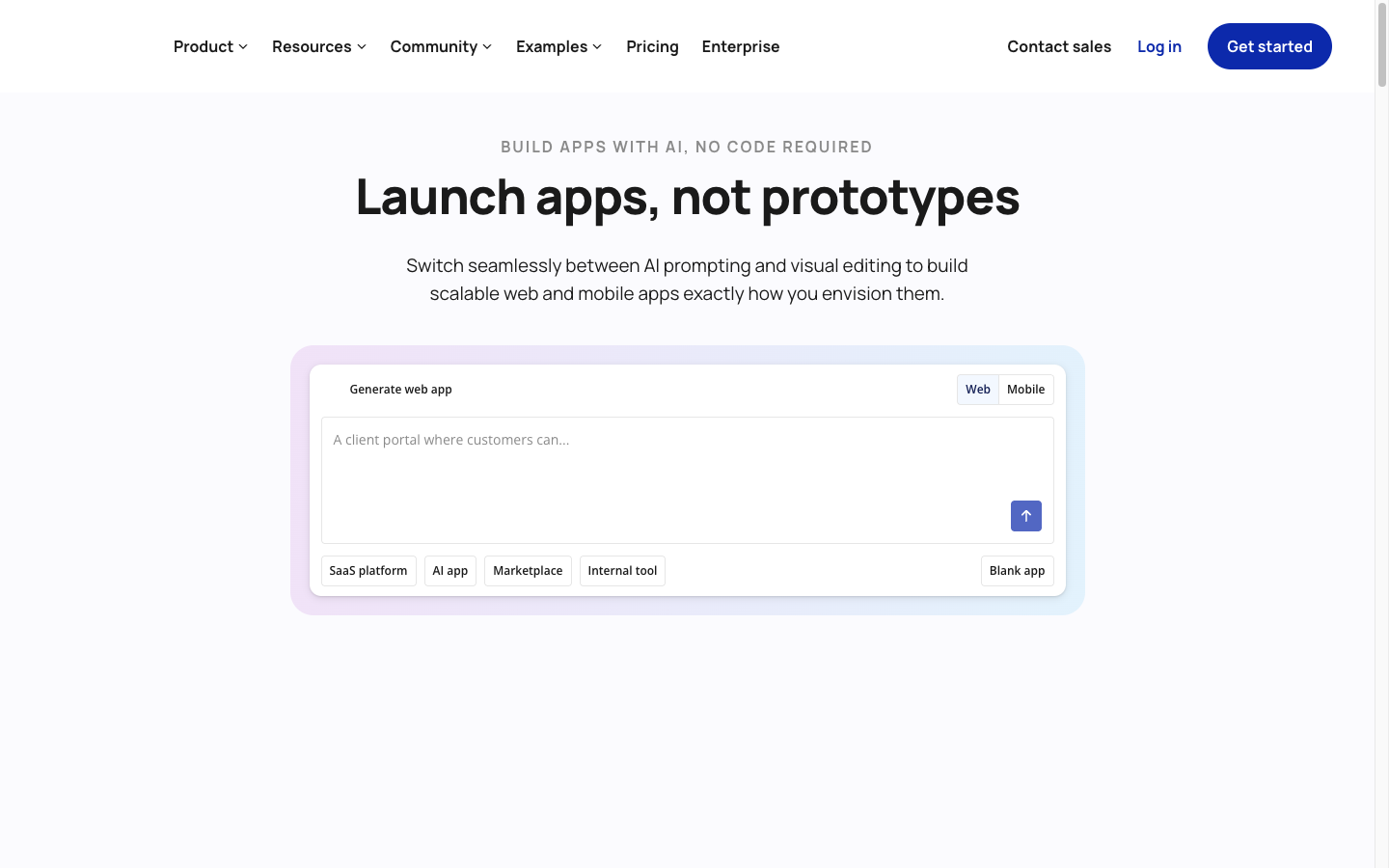 Bubble homepage showing its AI no-code app builder