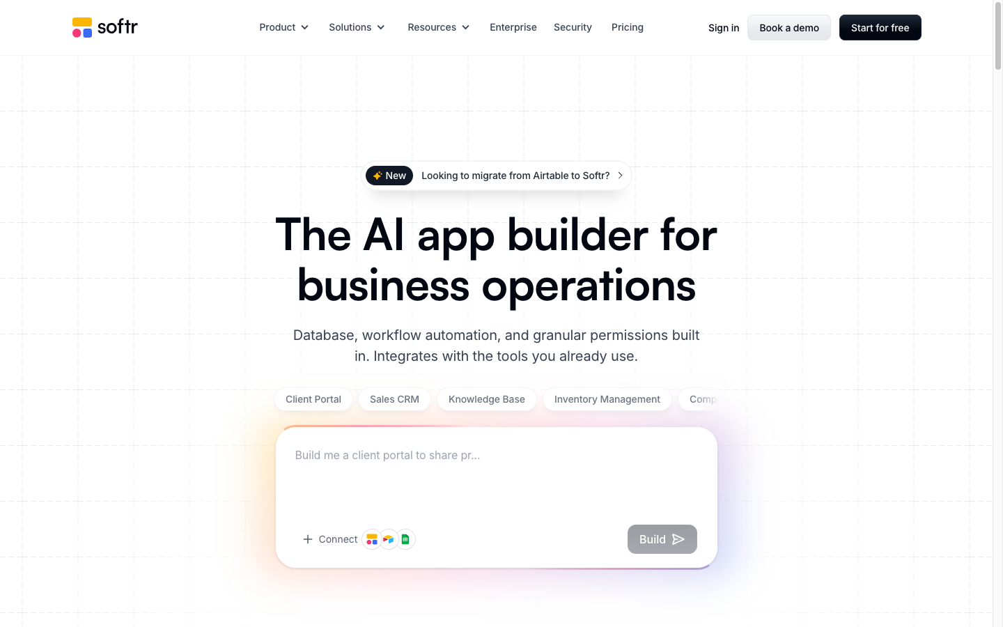 Softr homepage showing its AI app builder for business operations