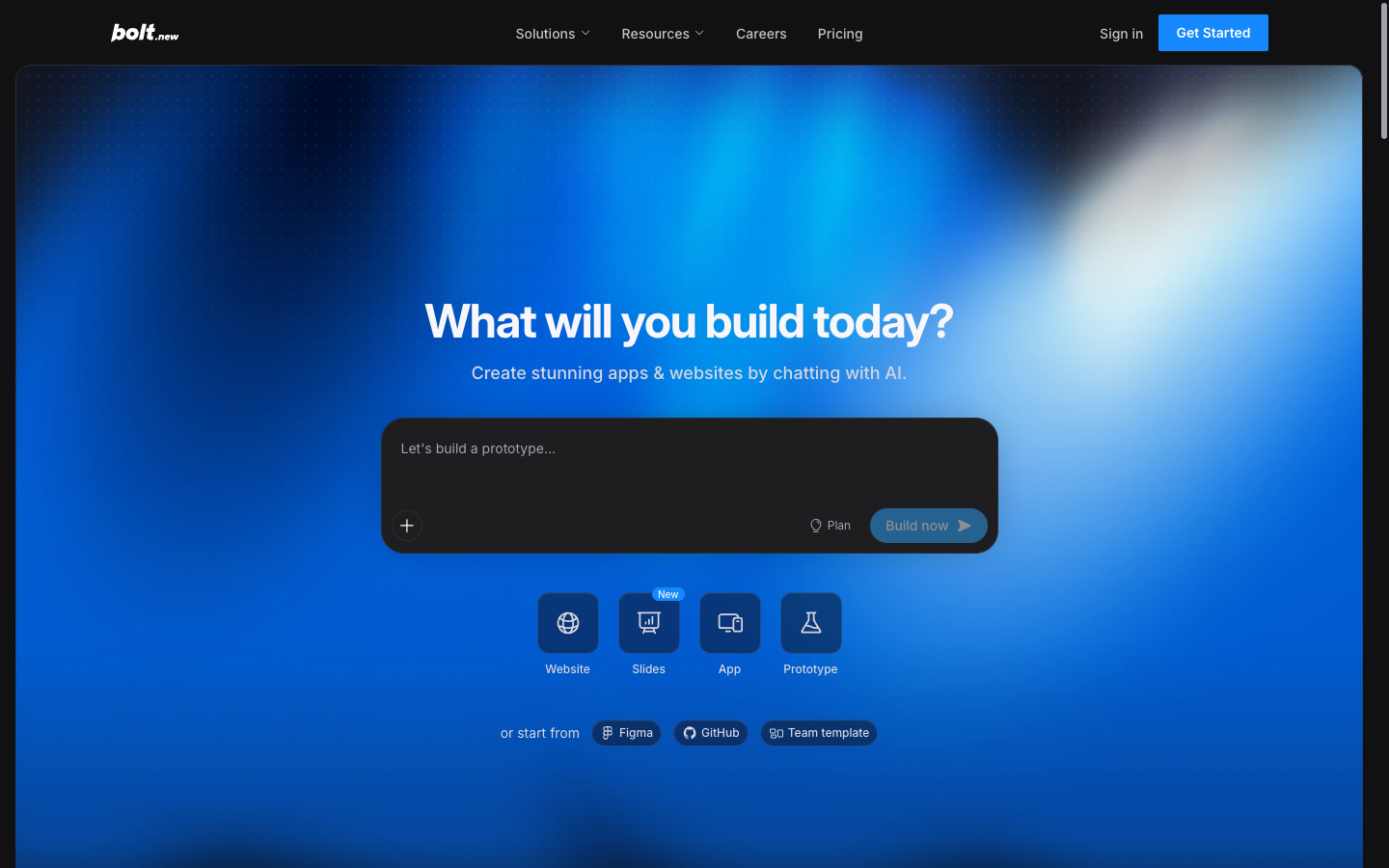 Bolt homepage showing its AI prompt for building apps and websites