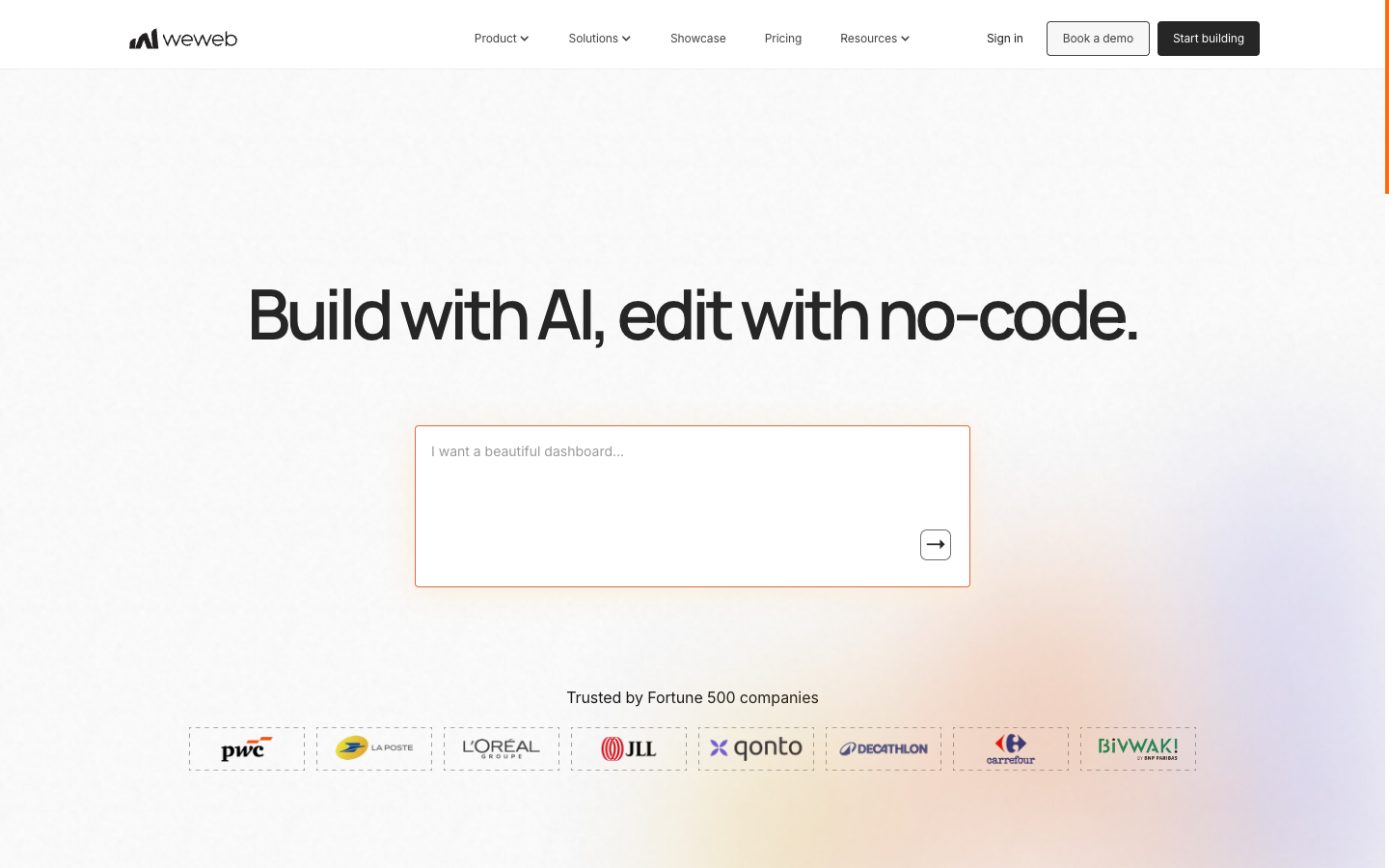 WeWeb homepage showing its AI-powered visual web app builder
