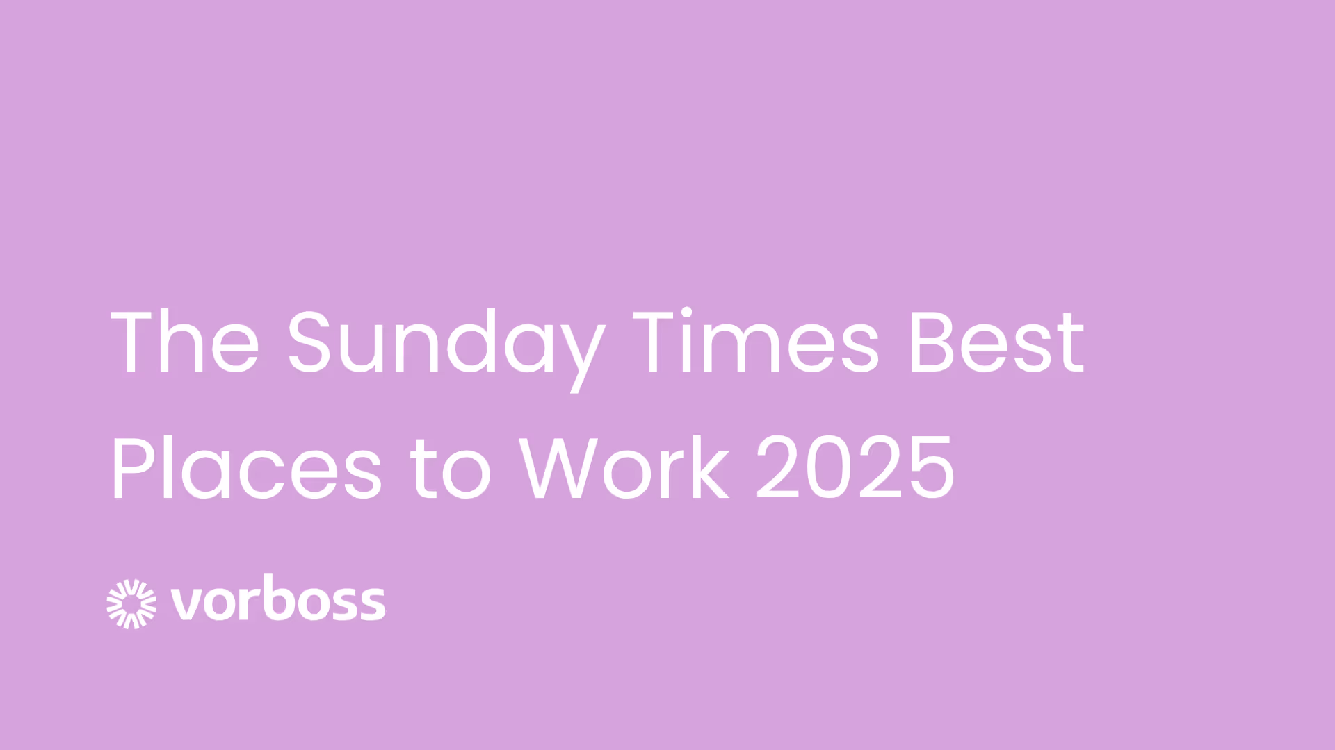 Cover image with pink background and the Vorboss logo plus text saying The Sunday Times best places to work 2023.