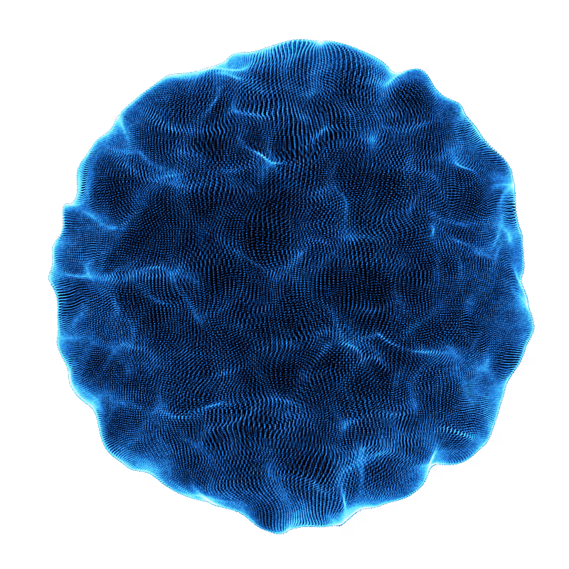 A glowing, circular blue grid pattern creates an abstract shape on a white background.