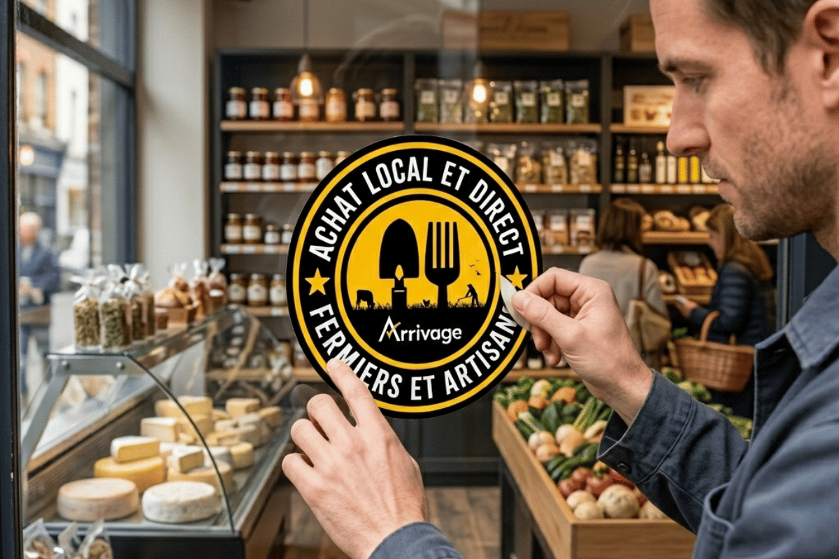 Chef en train de coller le sticker arrivage sur sa vitrine