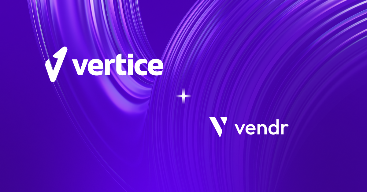 Vertice and Vendr logos on a purple background