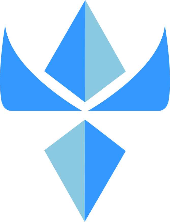 Blue geometric symbol with four pointed shapes forming a diamond
