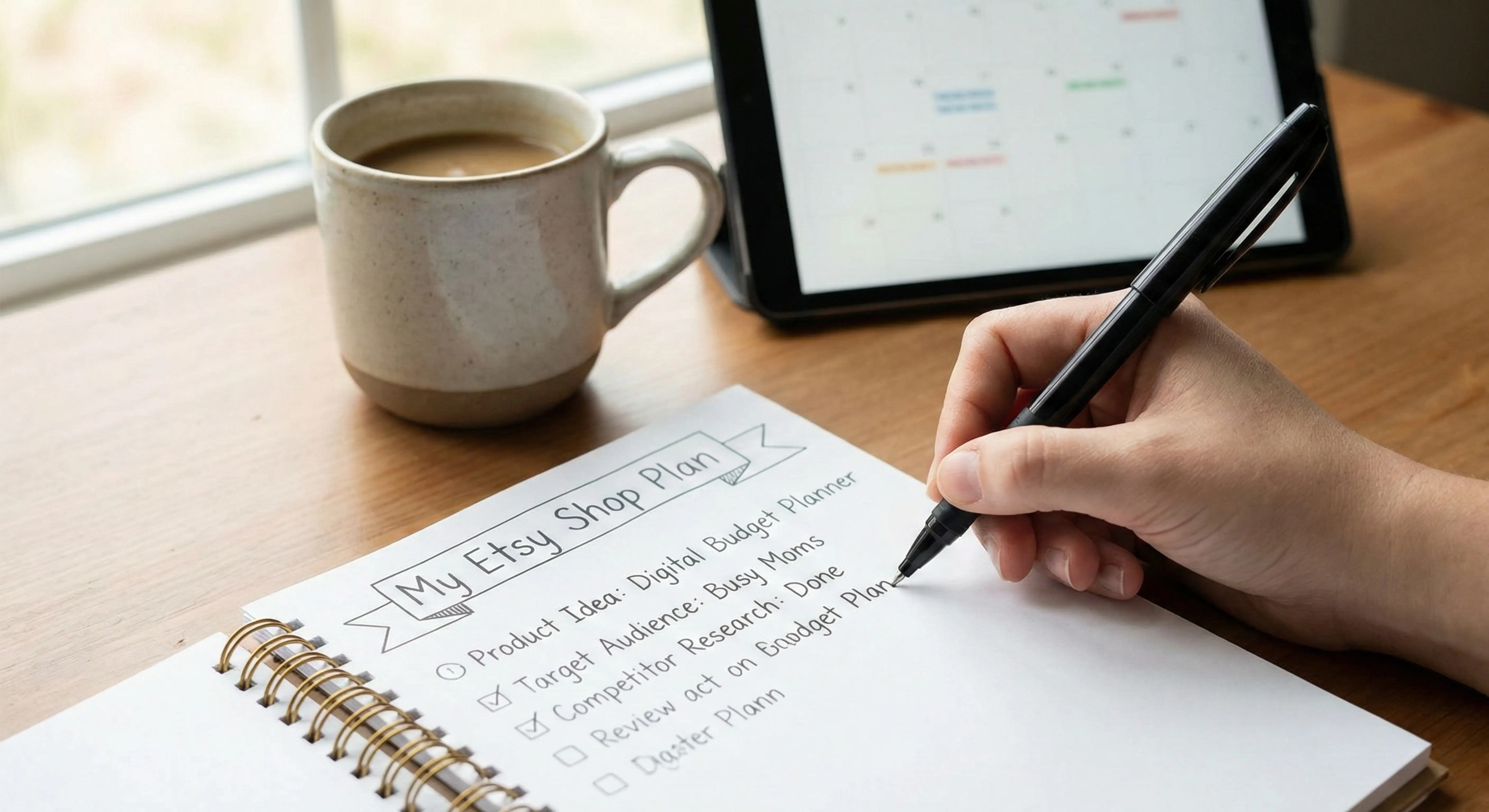 Close-up of a person writing an Etsy shop plan in a spiral notebook on a wooden desk, checklist visible with product ideas and target audience notes, coffee mug nearby and tablet showing a calendar in the background.