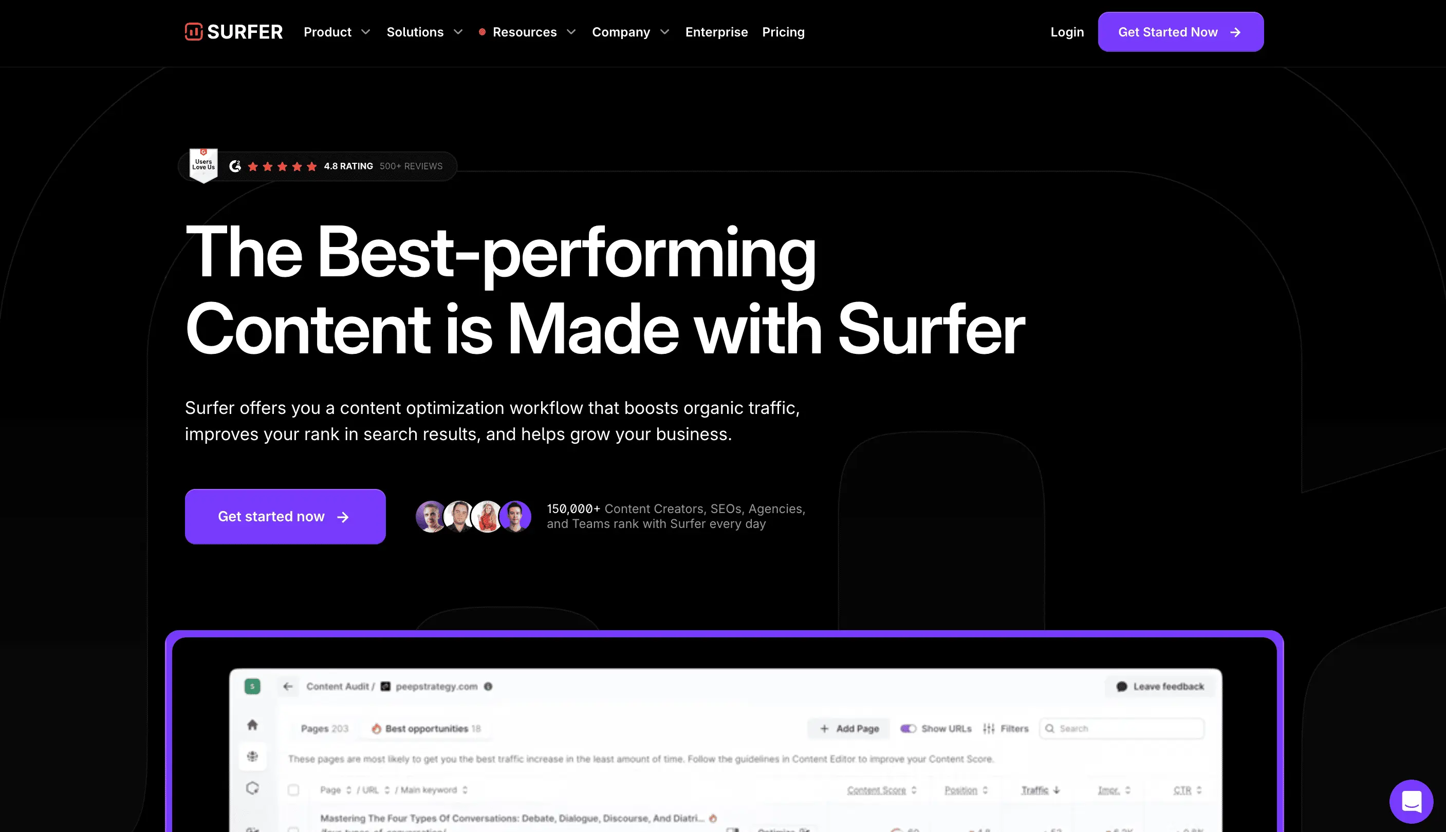 Image of the SurferSEO SEO tool's home page