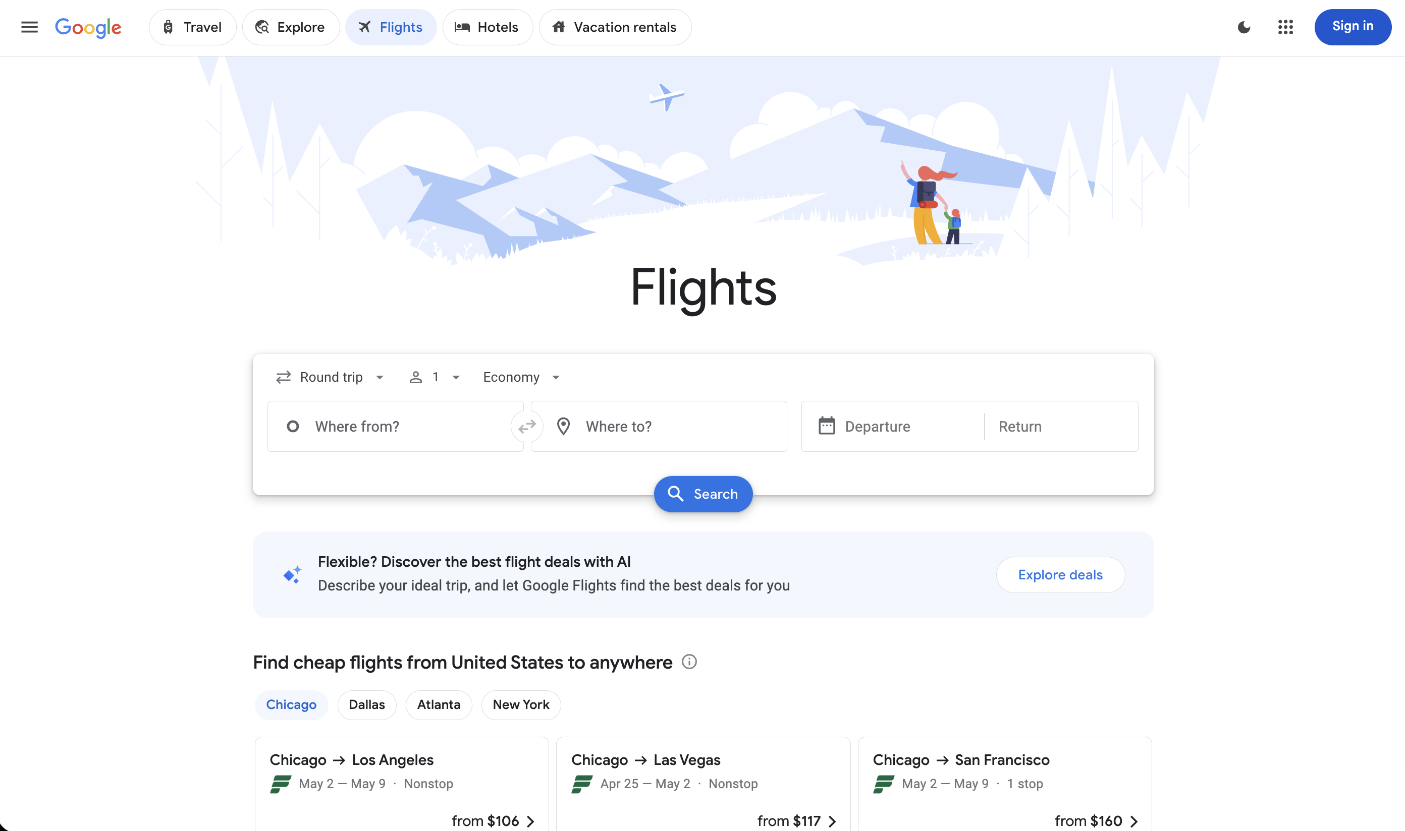 Image of Google Flights website homepage