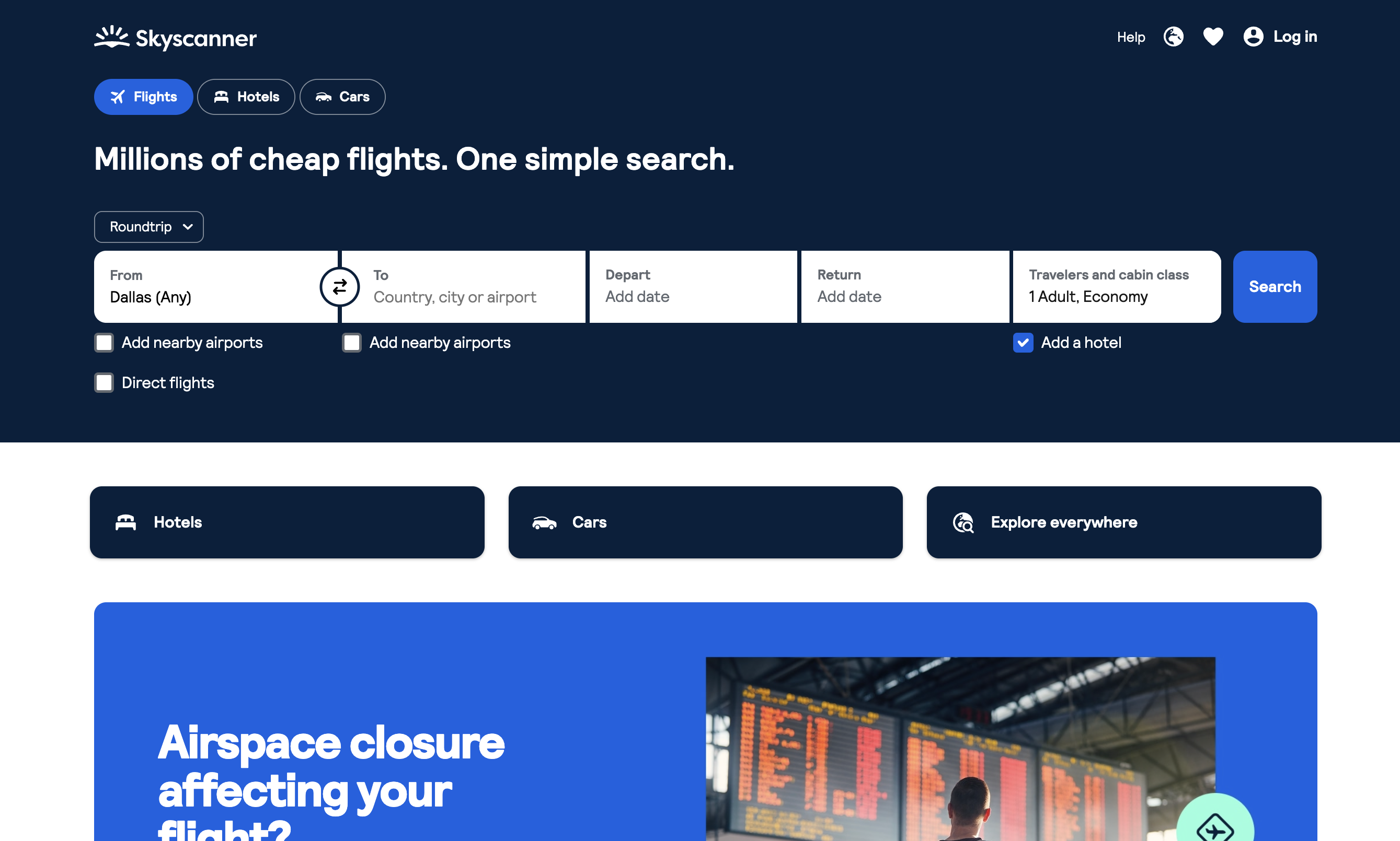 Image of Skyscanner website homepage