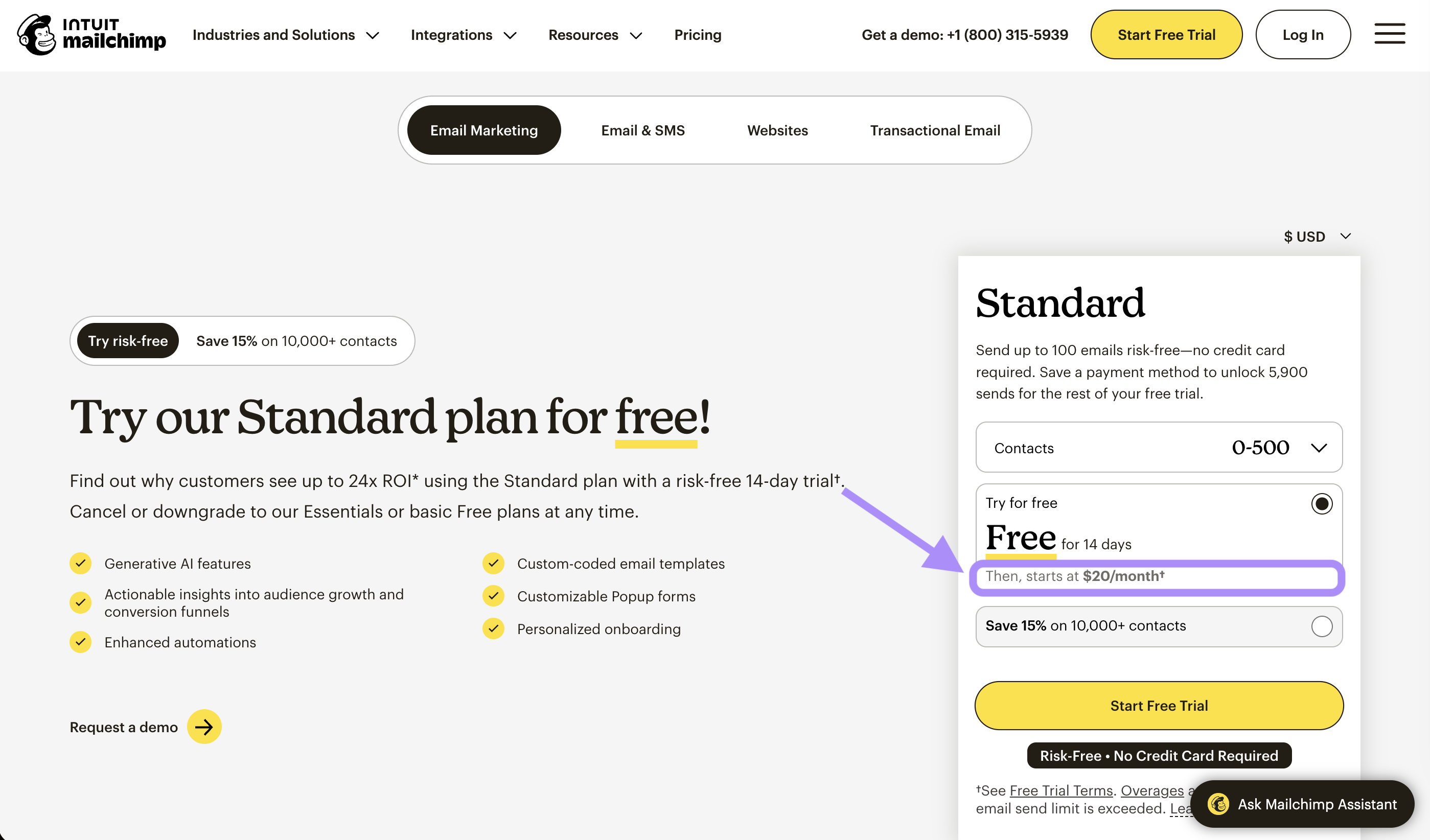 Mailchimp website pricing page
