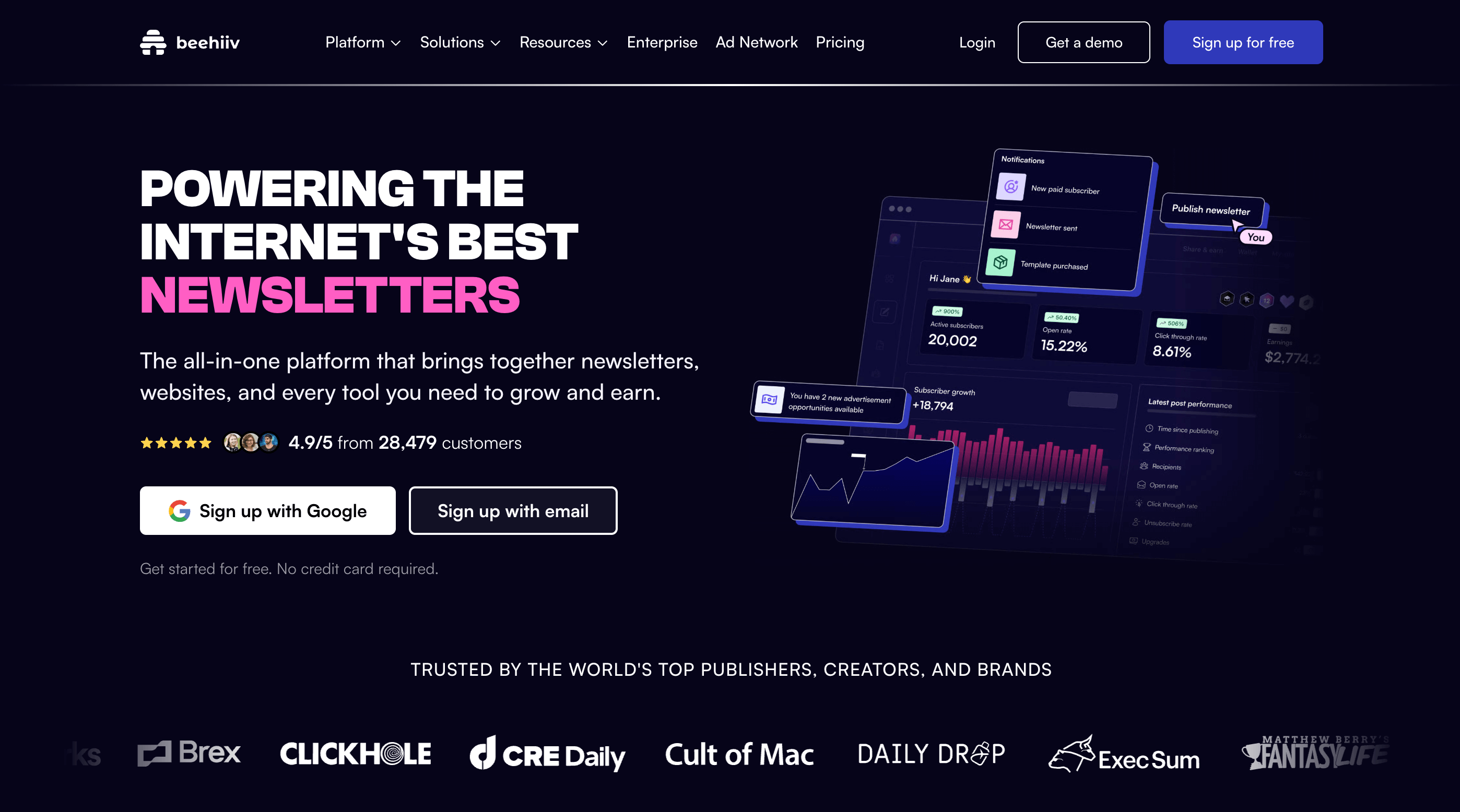 Image of website beehiv homepage