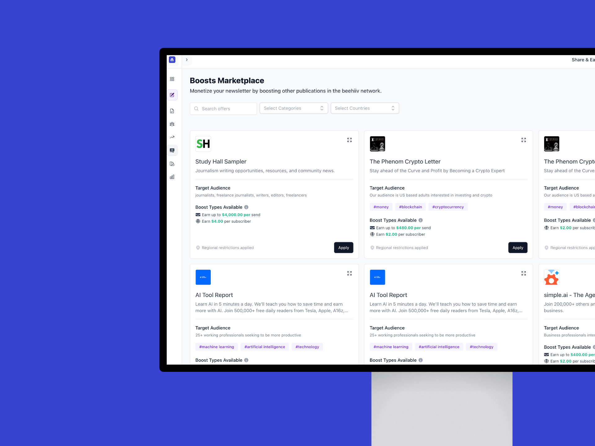 Image of example of beehiiv dashboard: marketplace