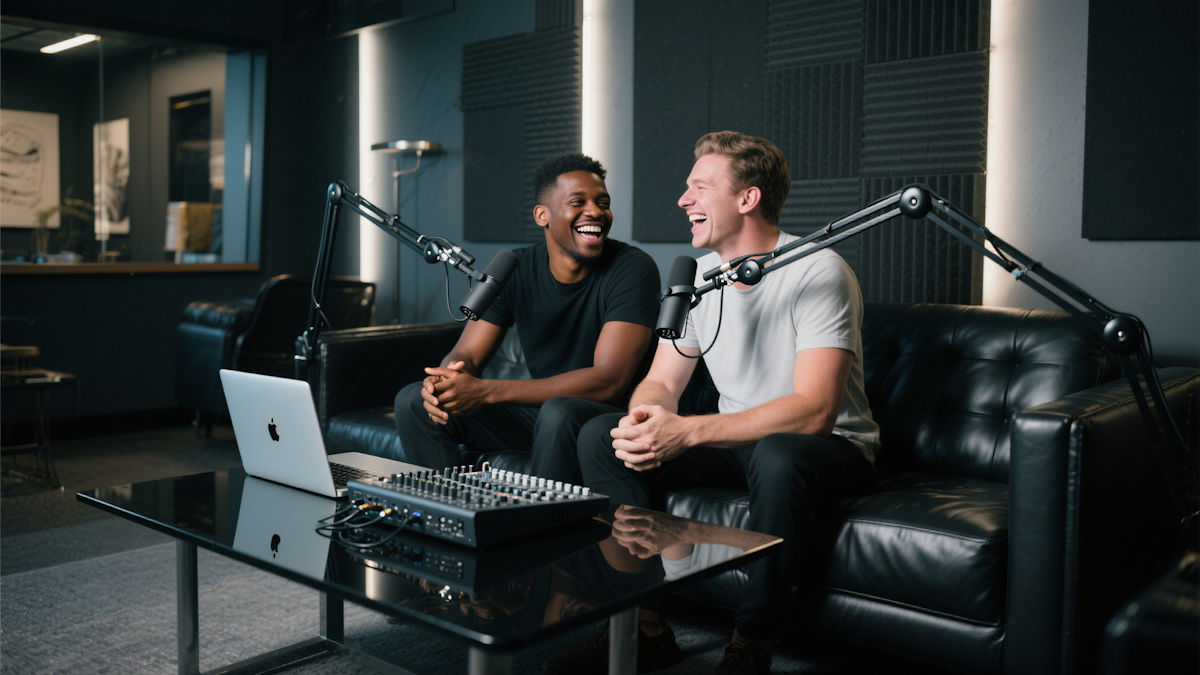 Two guys recording a podcast
