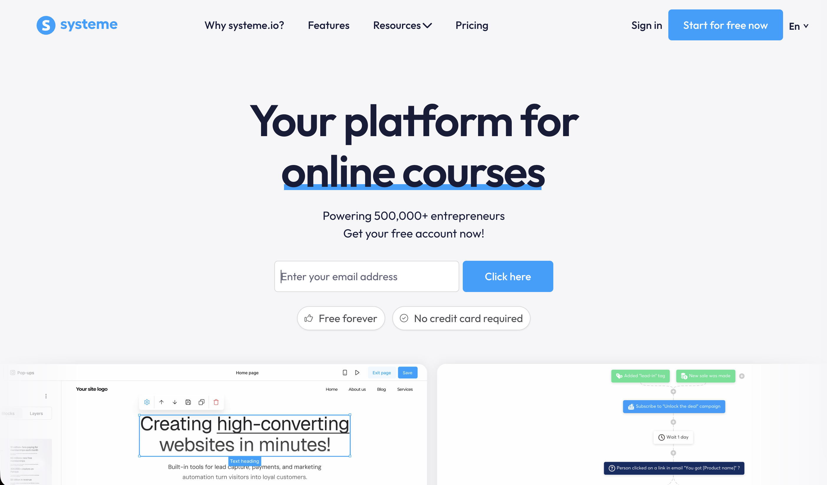 Screenshot of systeme.io online course paltform homepage