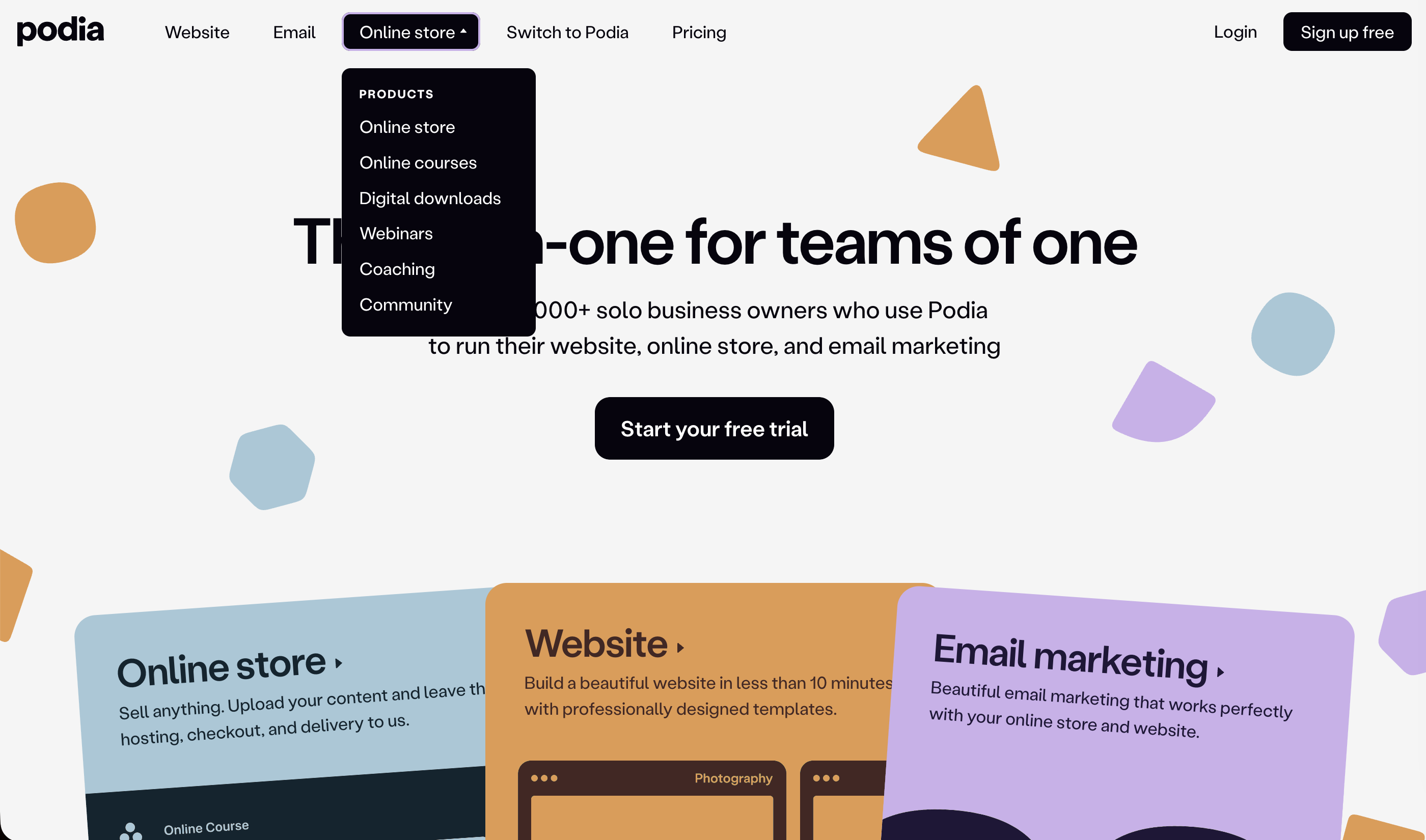 Screenshot of Podia website homepage