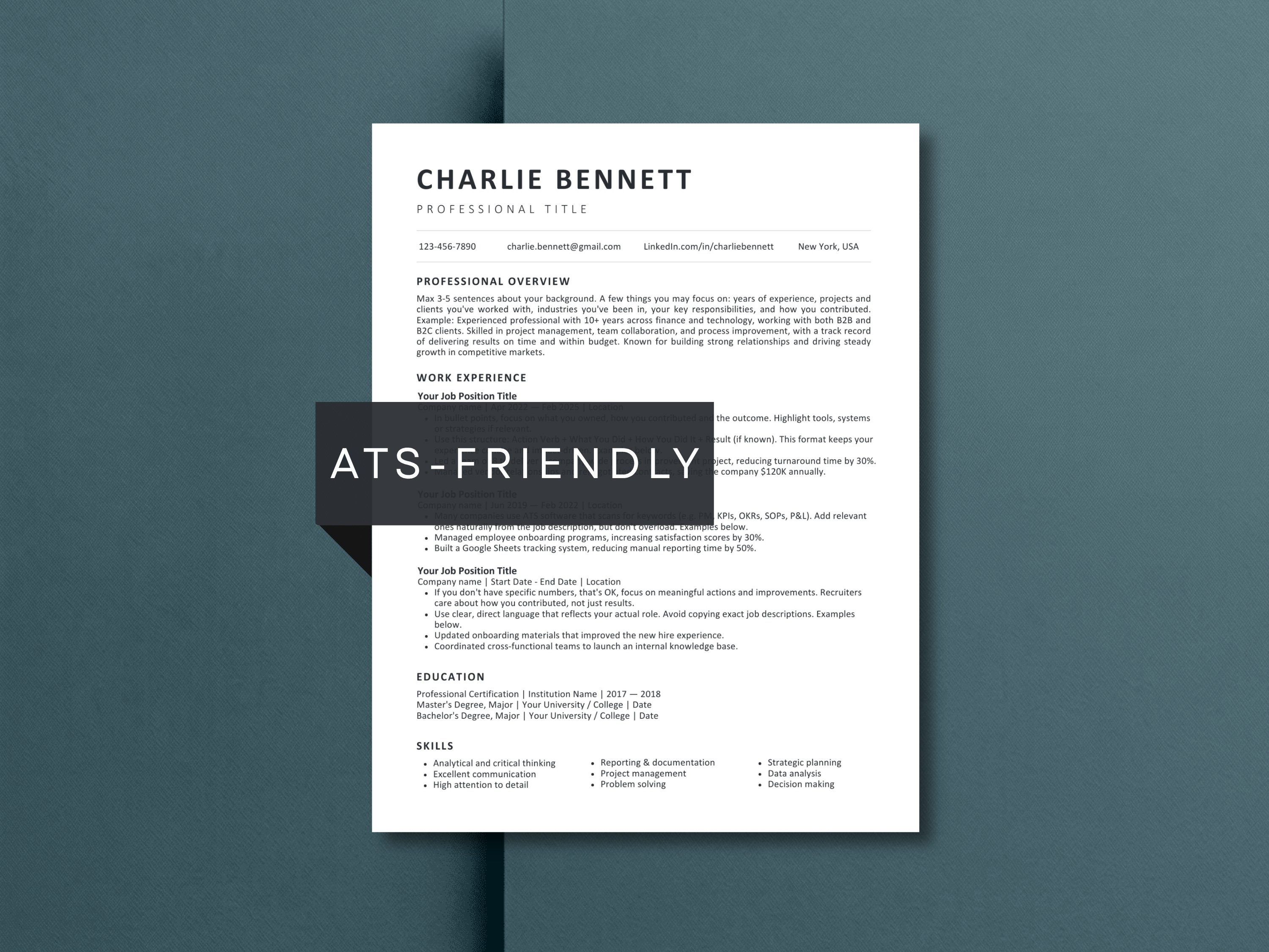 ATS-friendly resume template in clean minimalist black and white layout with professional overview, work experience, education, and skills sections on dark teal background.