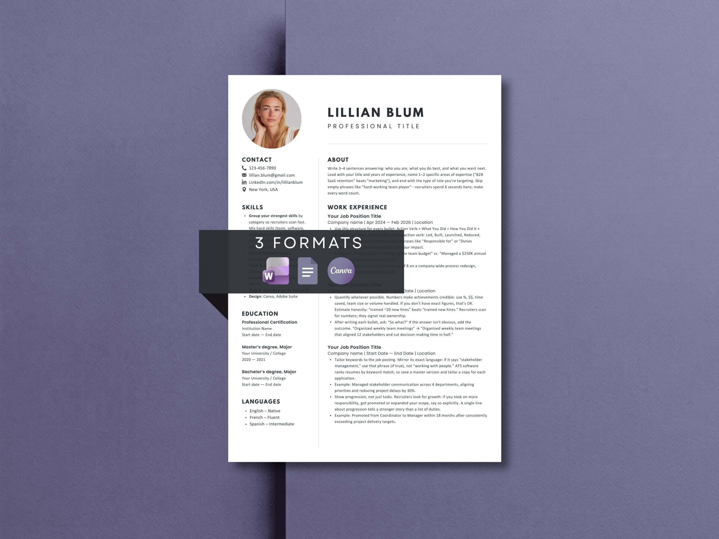 Modern 2-column resume template with photo, editable in Canva, Microsoft Word, and Google Docs. Minimalist professional CV design with contact, skills, and work experience sections. US Letter and A4 sizes. For graduates, career changers, professionals.