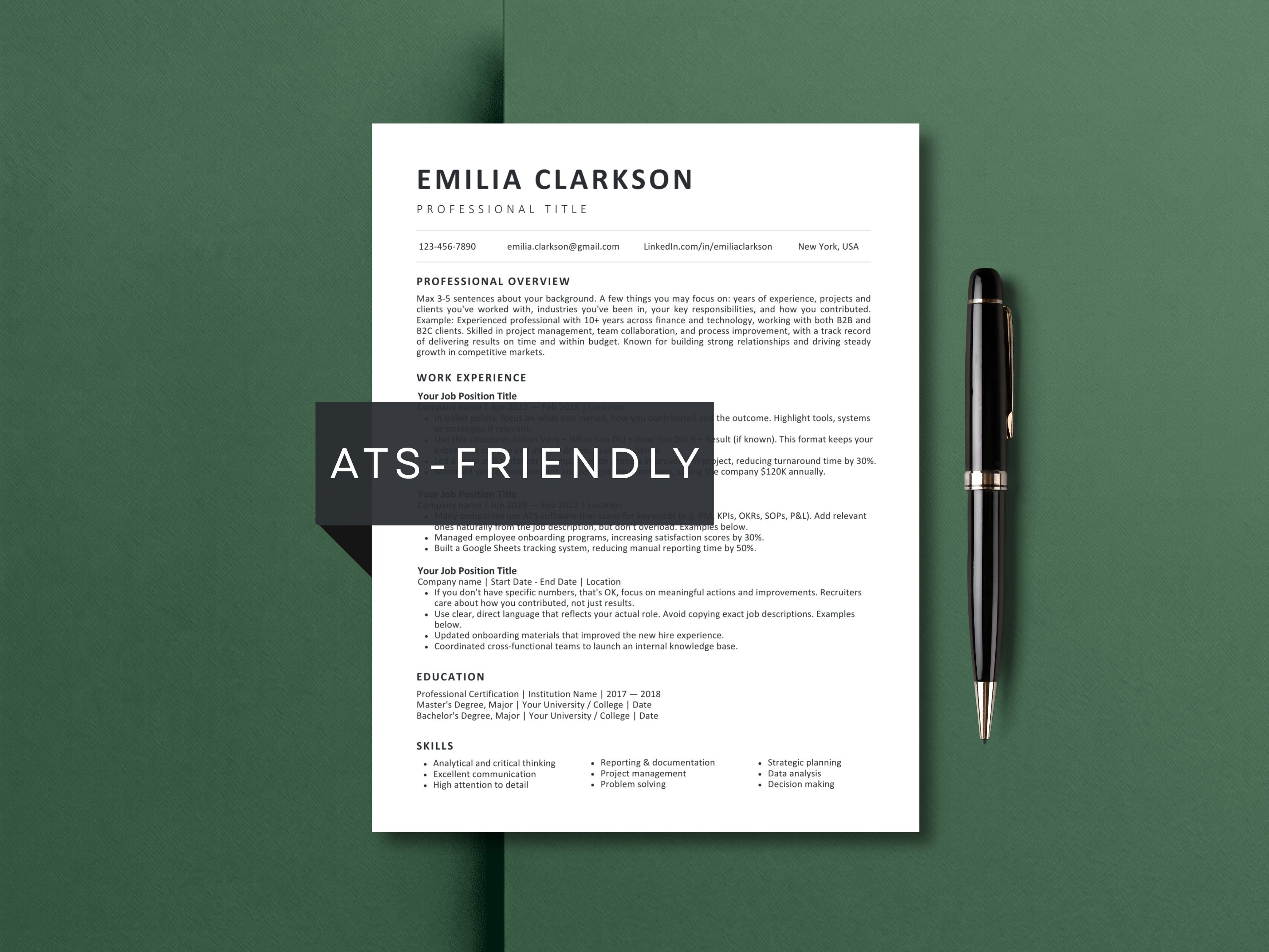 ATS friendly executive resume template with clean single-column layout showing professional overview, work experience with action verb bullet guidance, education and skills sections. Optimized to pass applicant tracking systems for senior managers, directors and C-level professionals. Available in Word, Google Docs, Canva and Apple Pages.