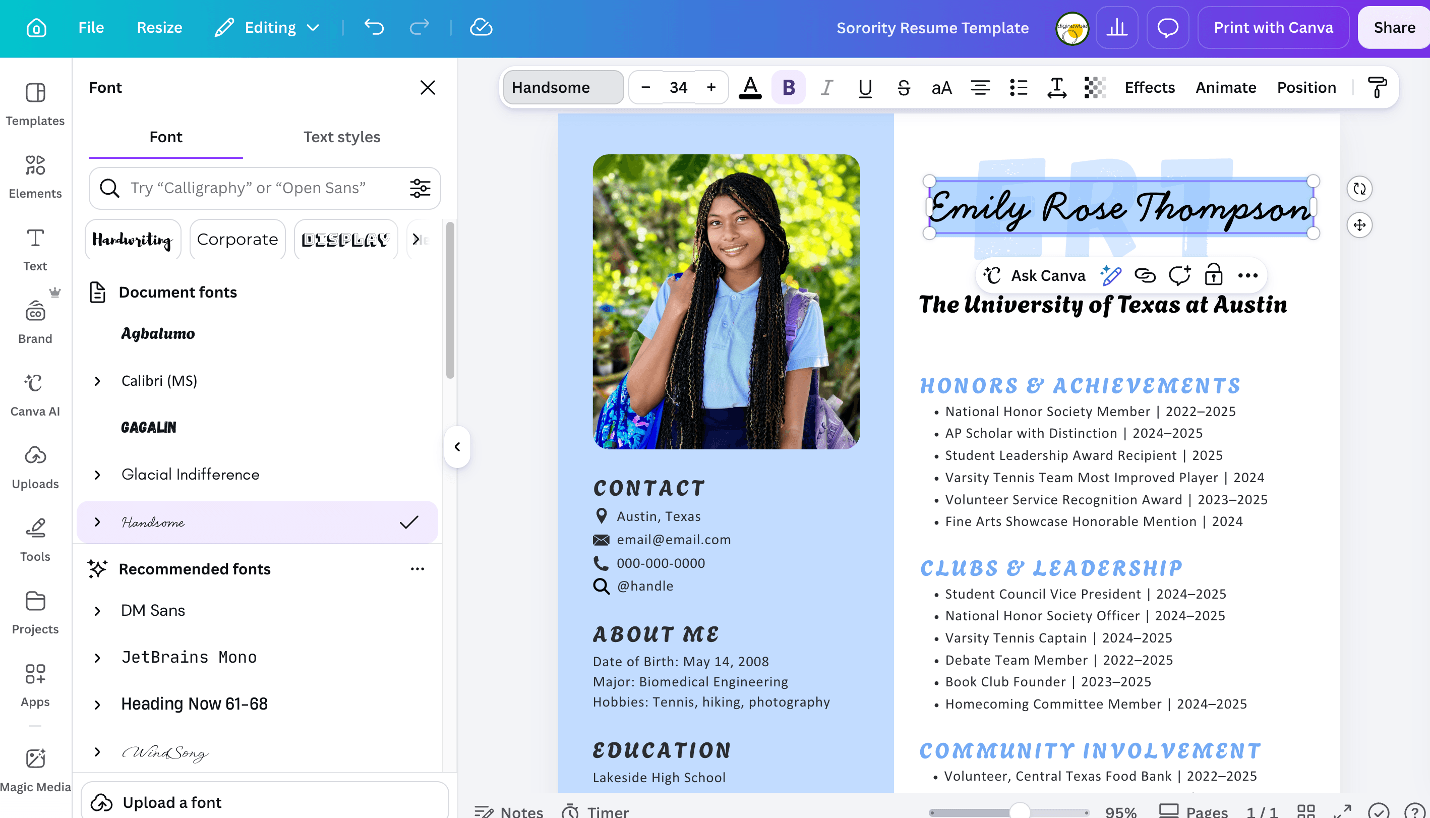 Sorority rush resume template in Canva with monogram header, photo placeholder, and sections for honors, clubs, Greek affiliations, community involvement and work experience. Editable design for Panhellenic recruitment.