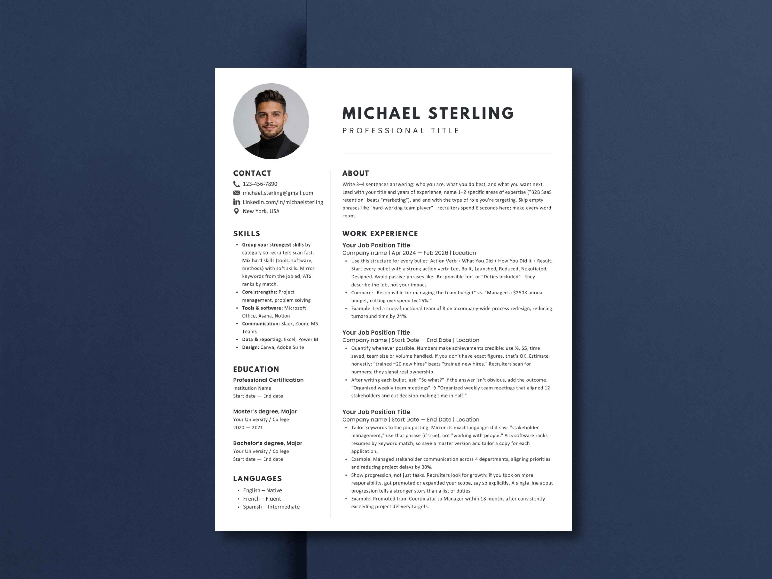 Professional resume template with circular photo placeholder in two-column layout on navy background. Includes contact, skills grouped by category, work experience with action verb bullet guidance, education and languages sections. Editable in Word, Google Docs and Canva for professionals applying to corporate and office roles.