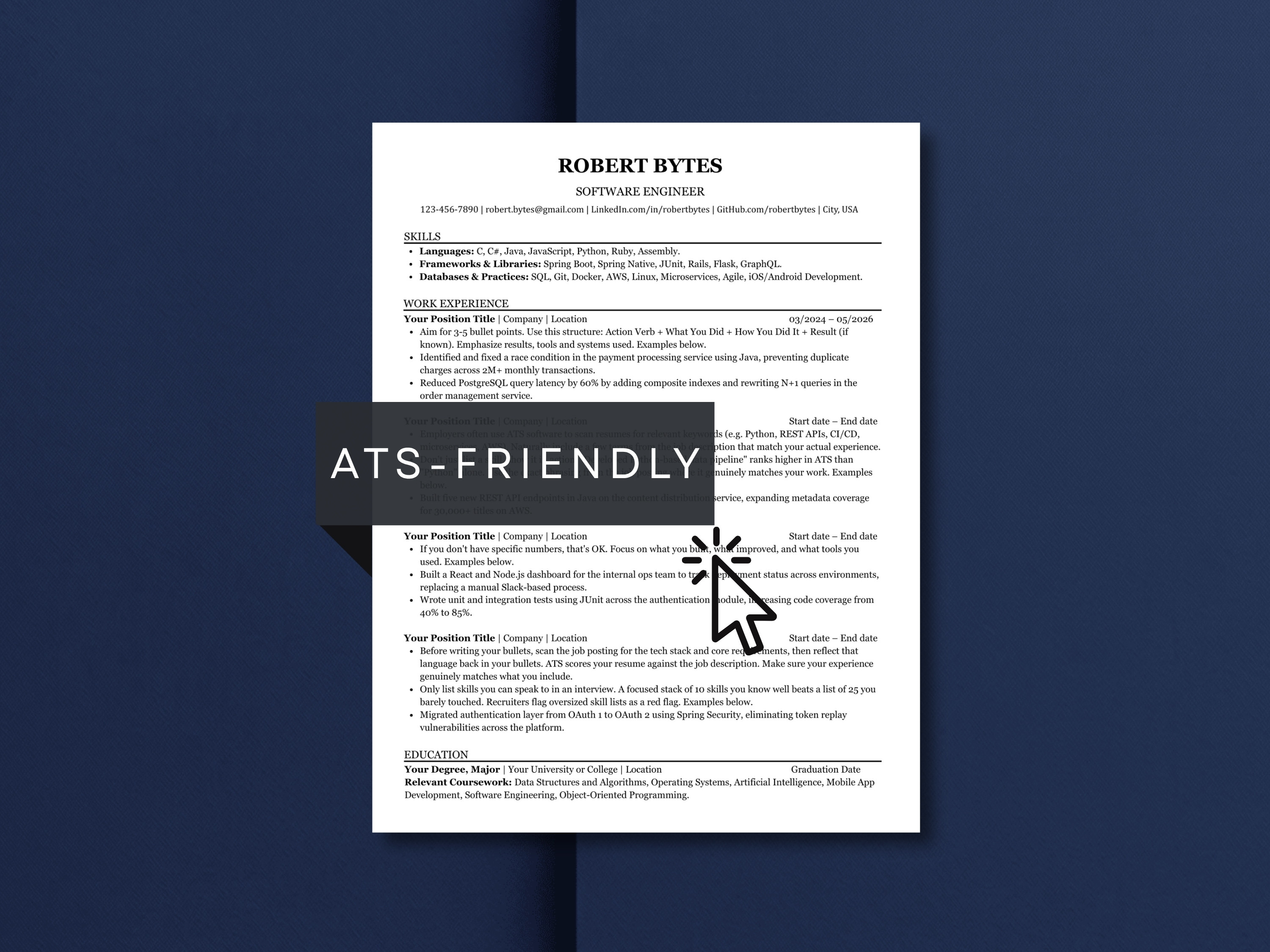 ATS-friendly software engineer resume template, designed by DiginewbieCo, on a navy blue background showing a clean single-column white layout with skills section listing languages, frameworks, and databases, four work experience blocks with action verb bullet point examples, and an education section with relevant coursework