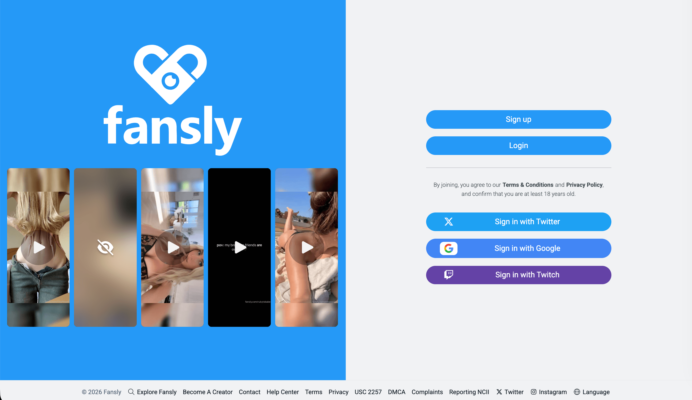 Screenshot of Fansly sign-up and login homepage