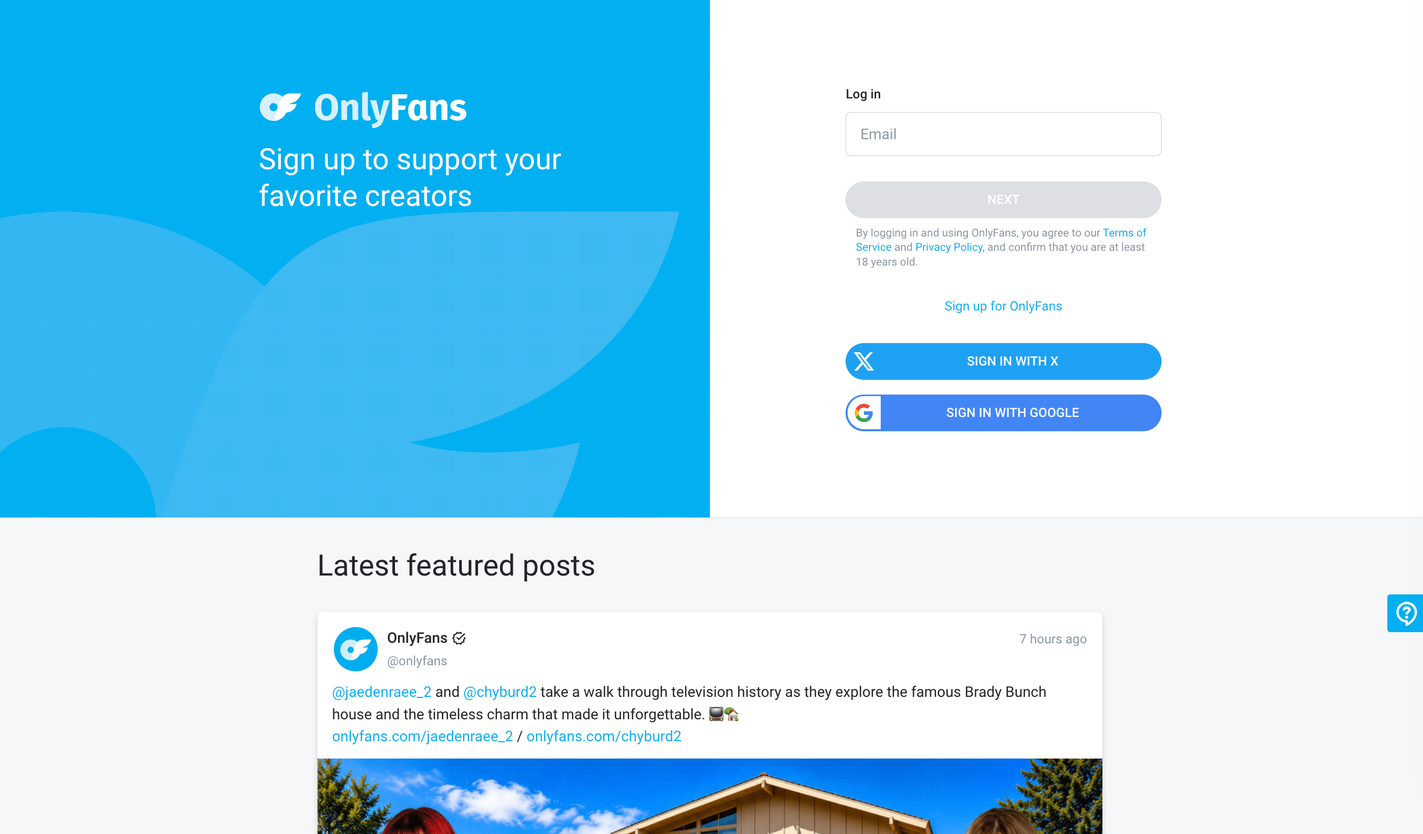 Screenshot of OnlyFans sign-up and login homepage