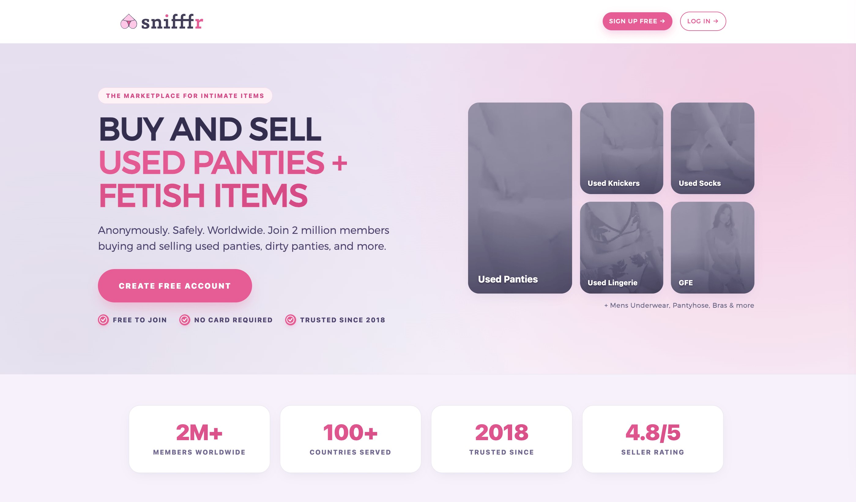 Screenshot of Snifffr homepage for buying and selling used panties and fetish items