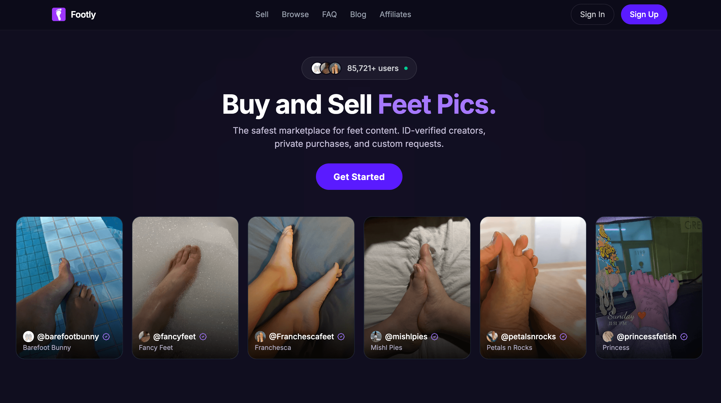 Screenshot of Footly homepage for buying and selling feet pics