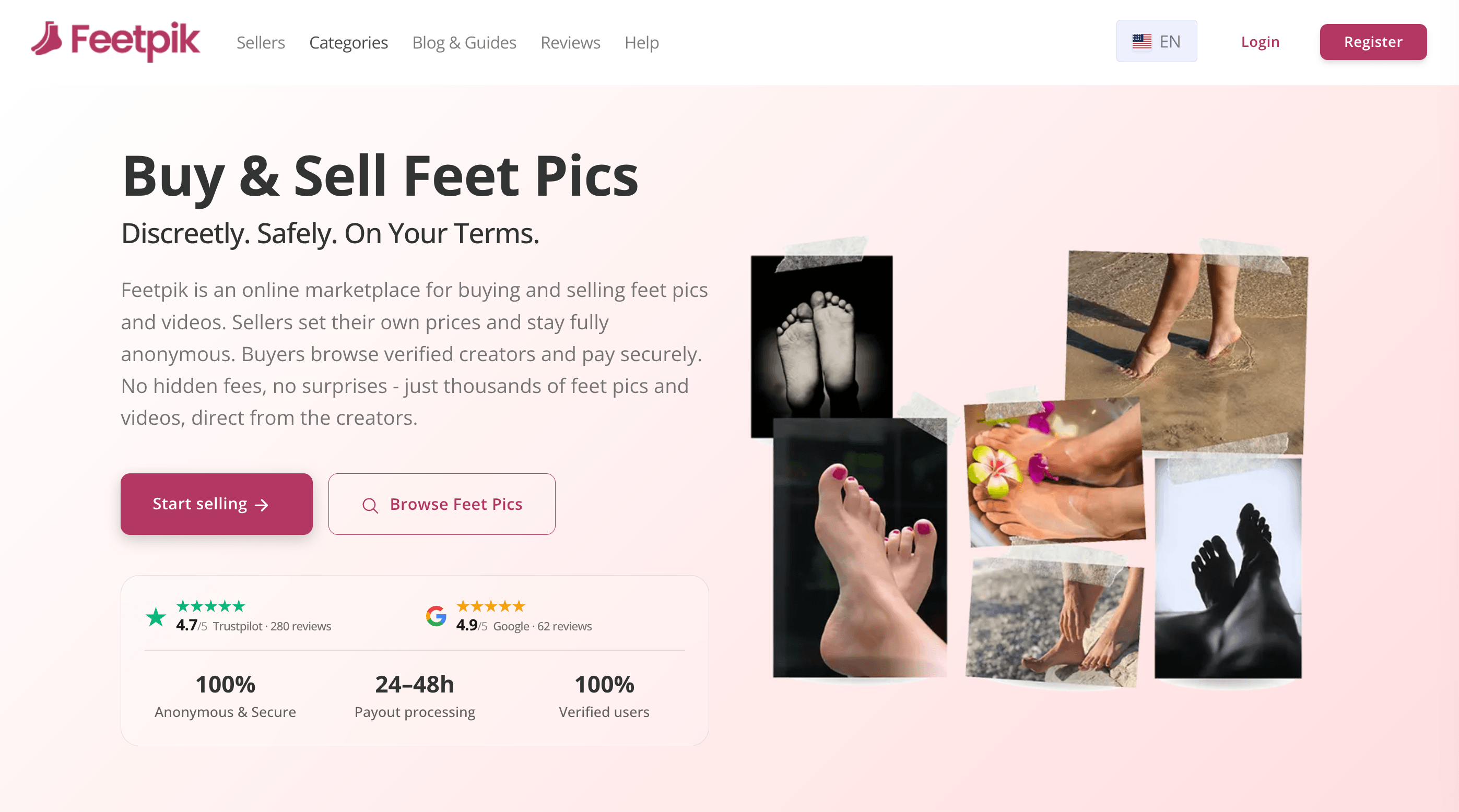 Screenshot of Feetpik homepage for buying and selling feet pics