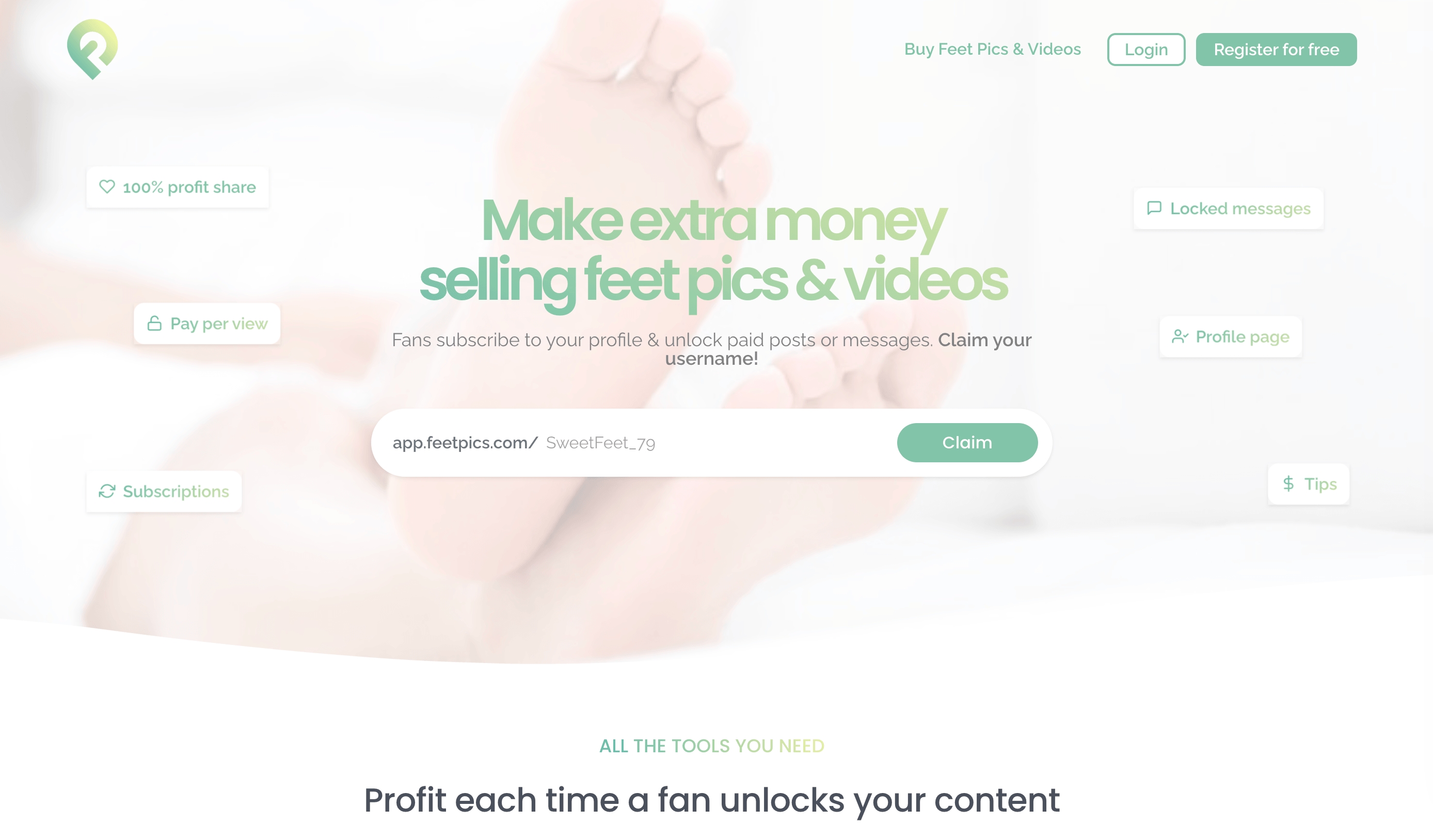 Screenshot of FeetPics homepage for selling feet pics and videos