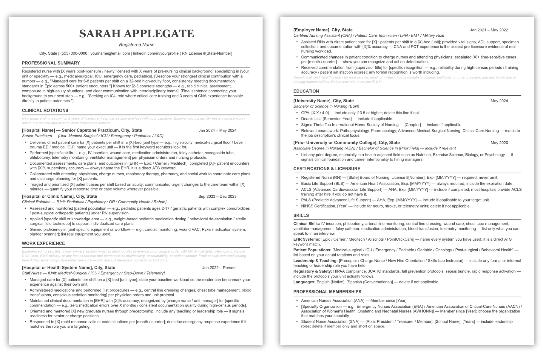 Two-page nursing resume template with work experience, education and professional memberships.
