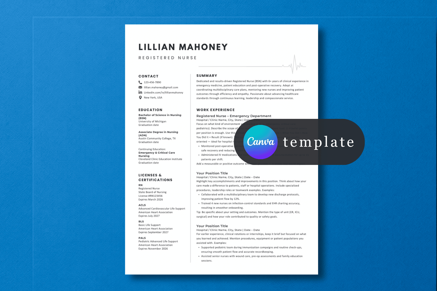 Canva nurse resume template single-page layout with summary and work experience sections