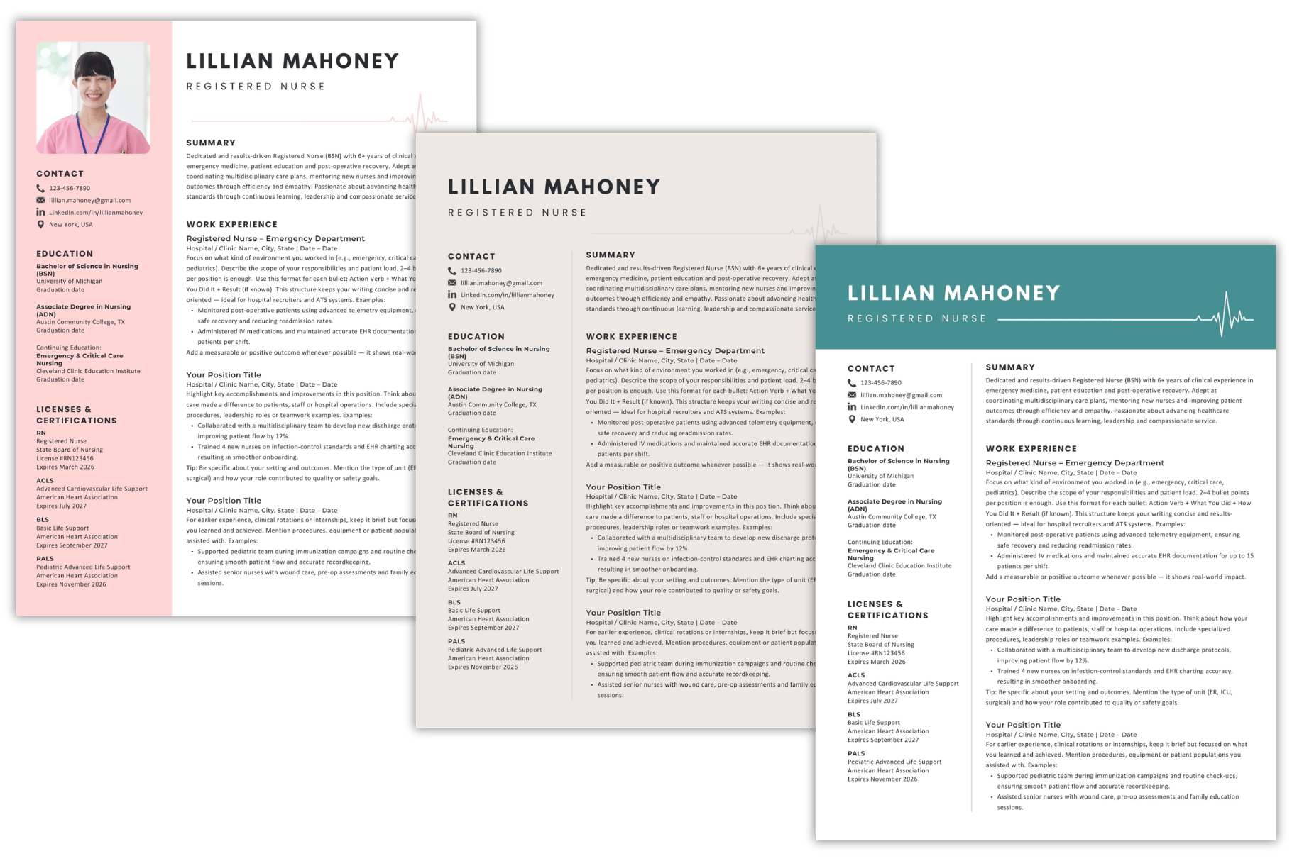 Canva nurse resume template shown recolored into a few different styles to demonstrate easy customization/