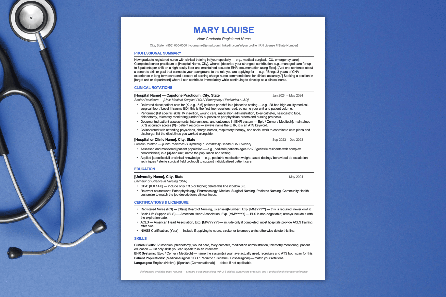 ATS-friendly new grad nursing resume example leading with clinical rotations, licensure and skills instead of work history.